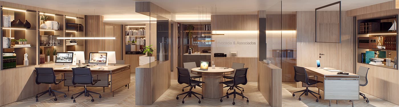 Perspectiva ilustrada da sala comercial, com modelo de coworking