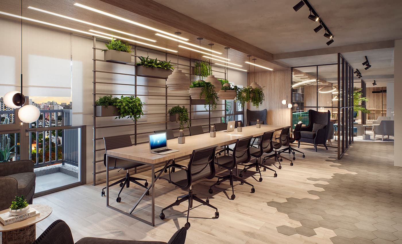 Perspectiva ilustrada da sala comercial, com modelo de escritório de advocacia de 61m²