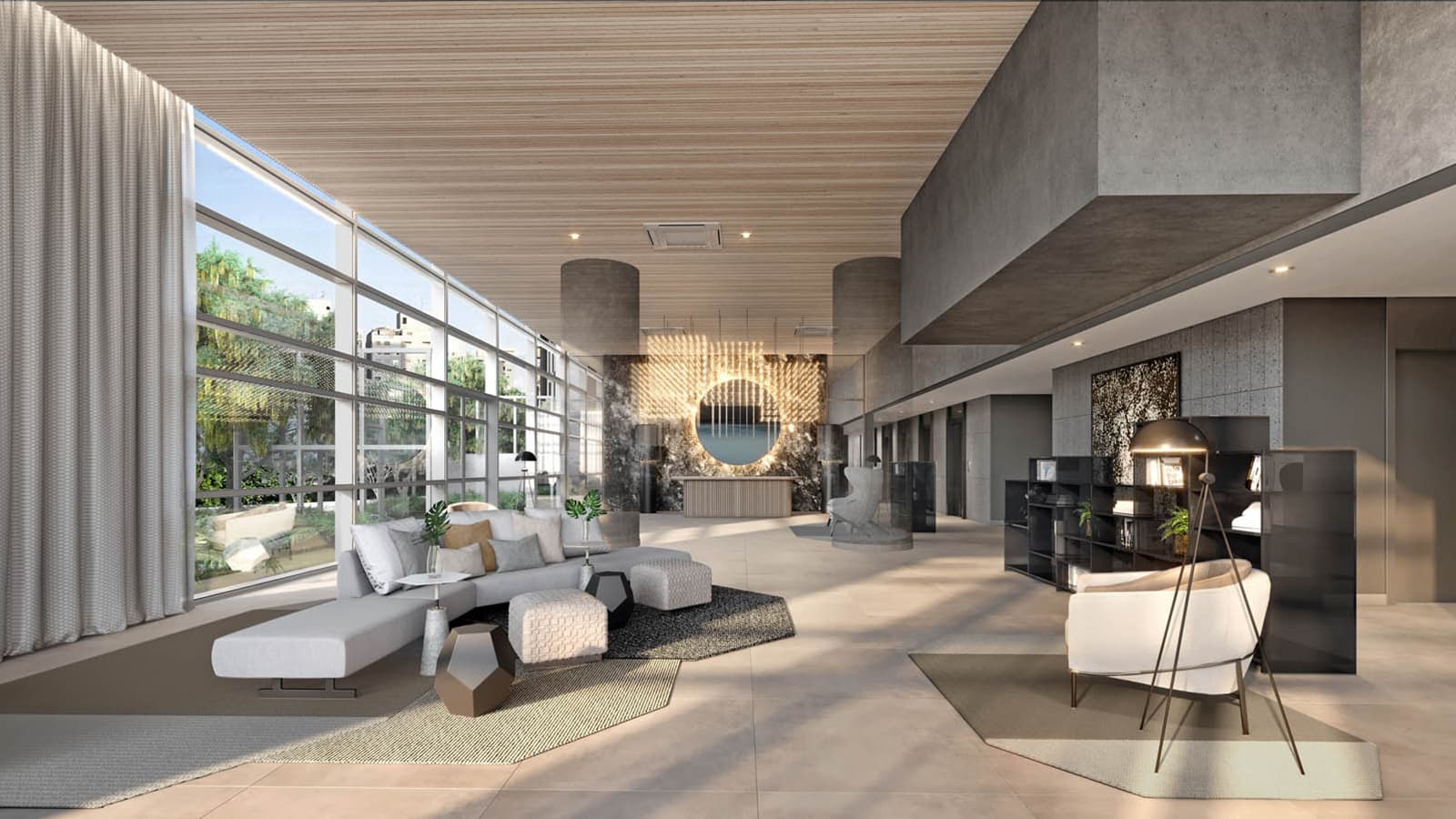 Perspectiva ilustrada do lobby de entrada residencial