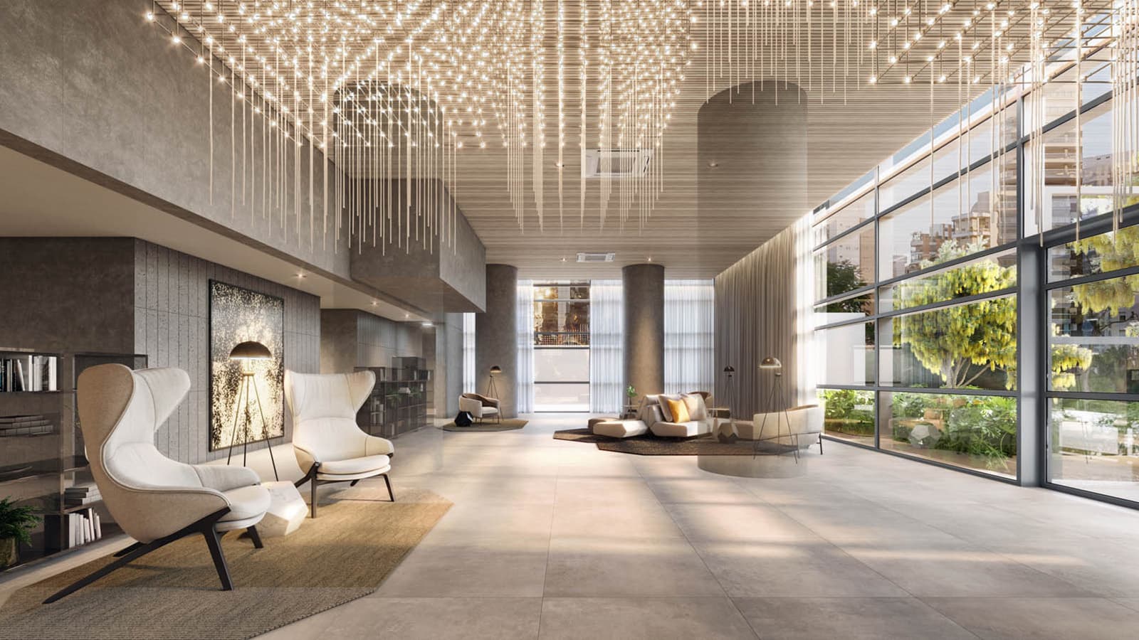 Perspectiva ilustrada do lobby de entrada residencial