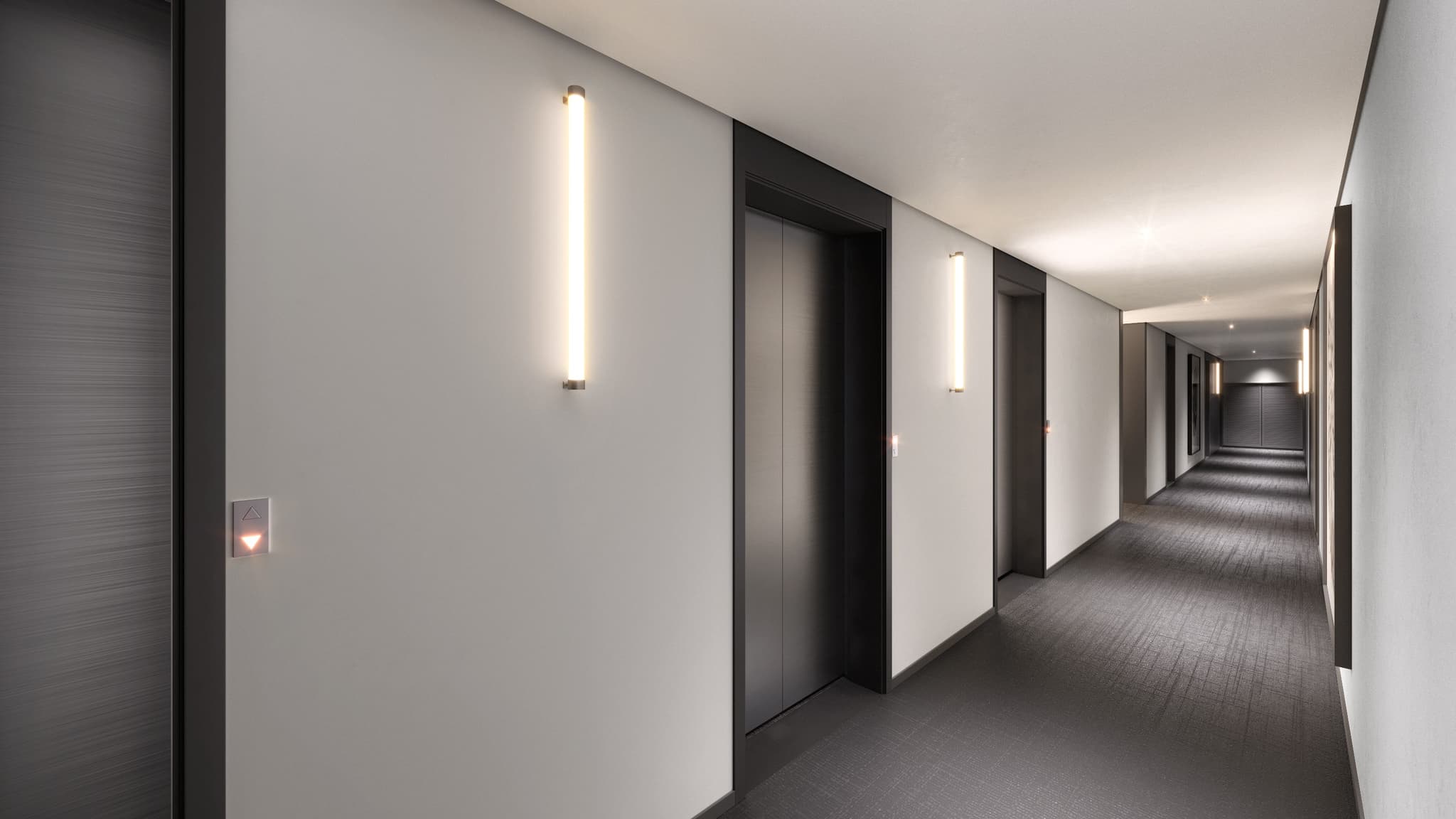 Perspectiva ilustrada do hall residencial.
