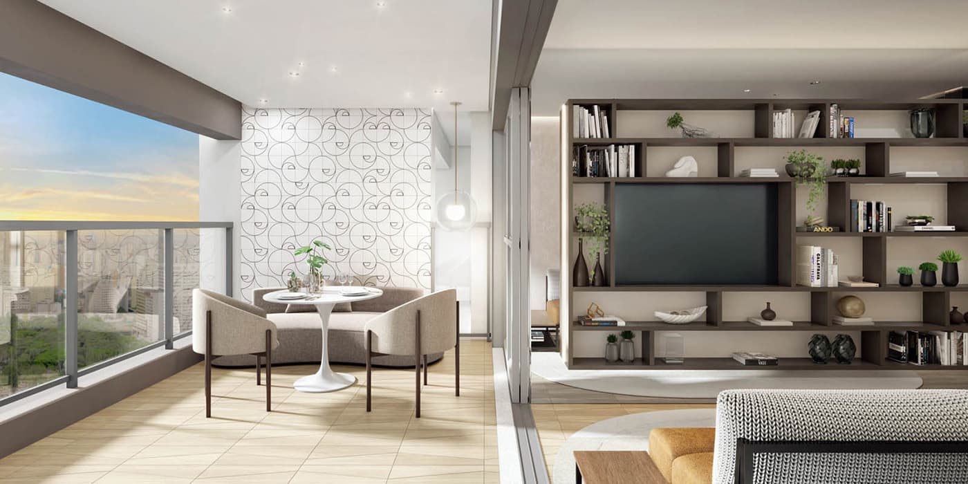 Perspectiva ilustrada do terraço e living decorados do apartamento de 2 dormitórios