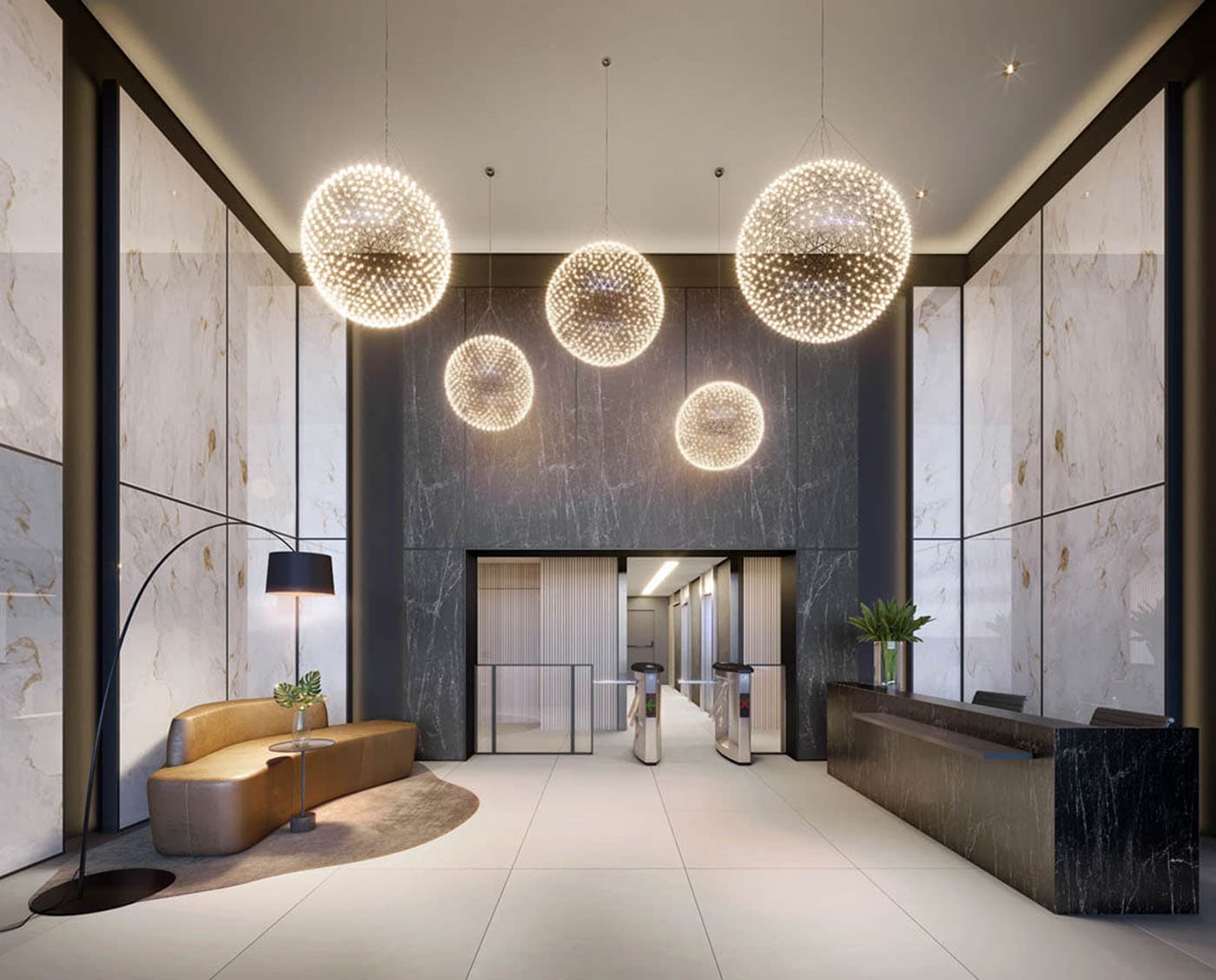 Perspectiva ilustrada do lobby de entrada comercial