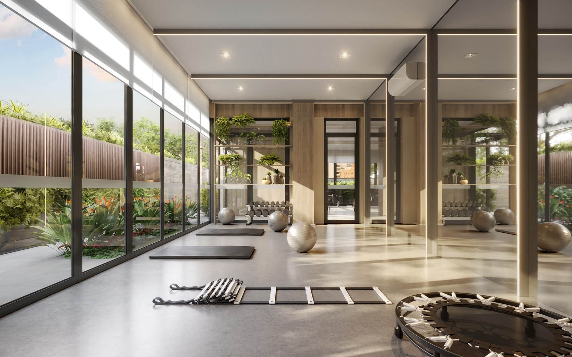 Perspectiva ilustrada da sala funcional.
