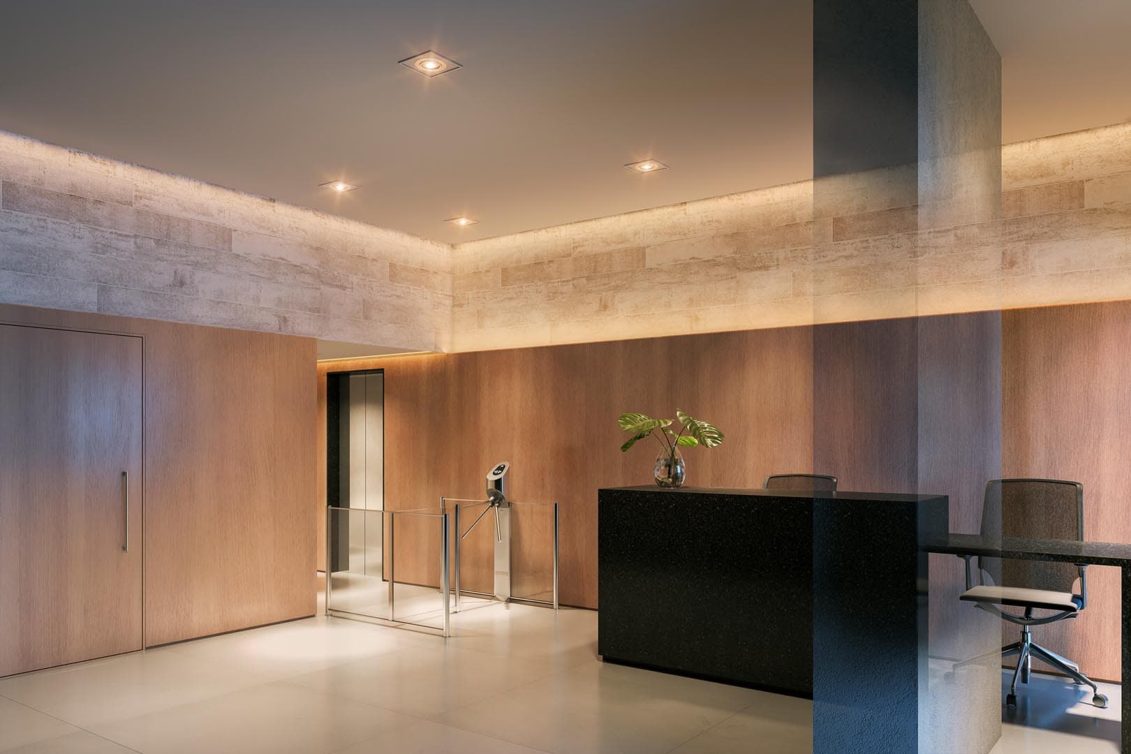 Perspectiva ilustrada do Lobby Office