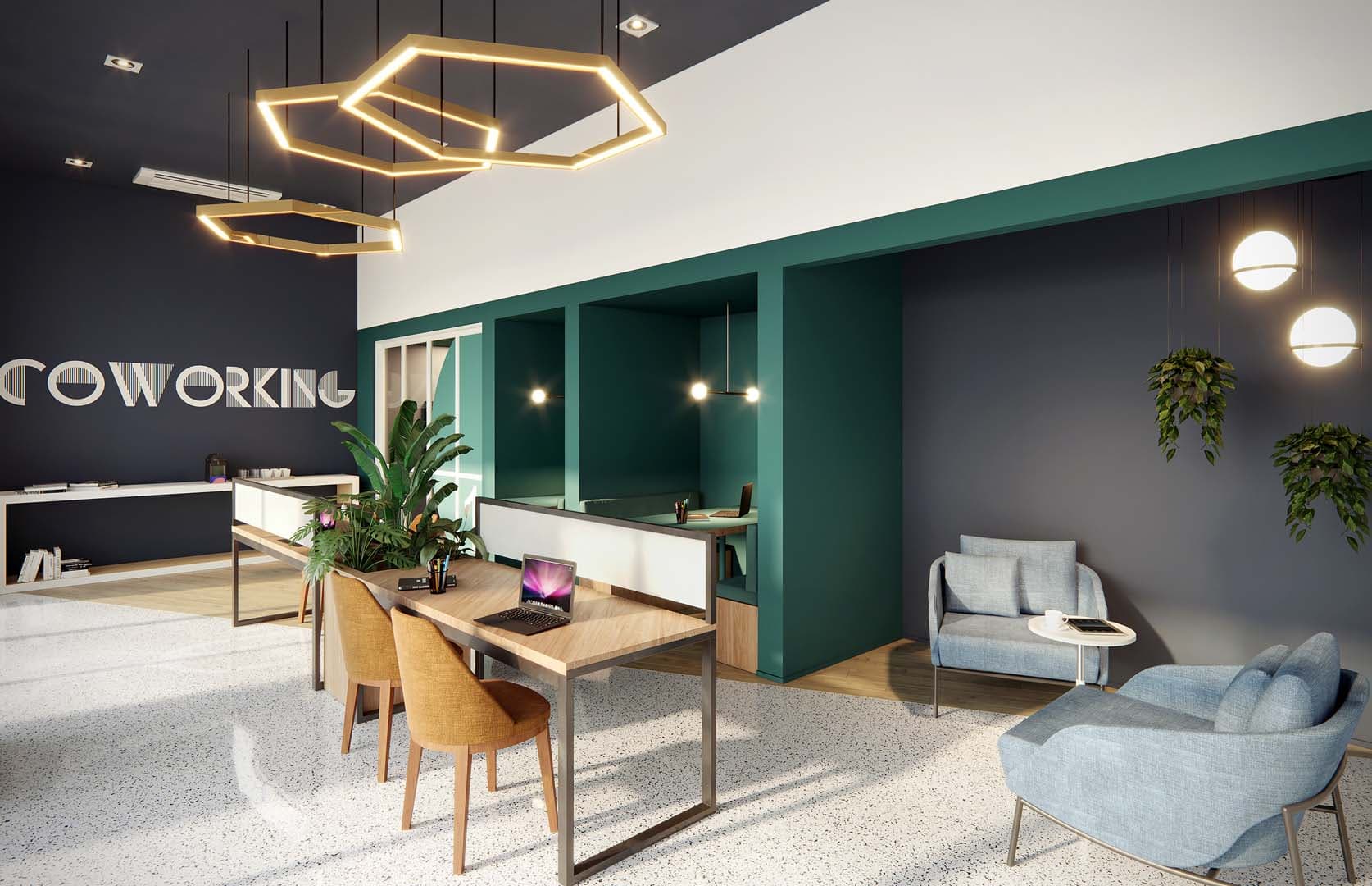 Perspectiva ilustrada do coworking.