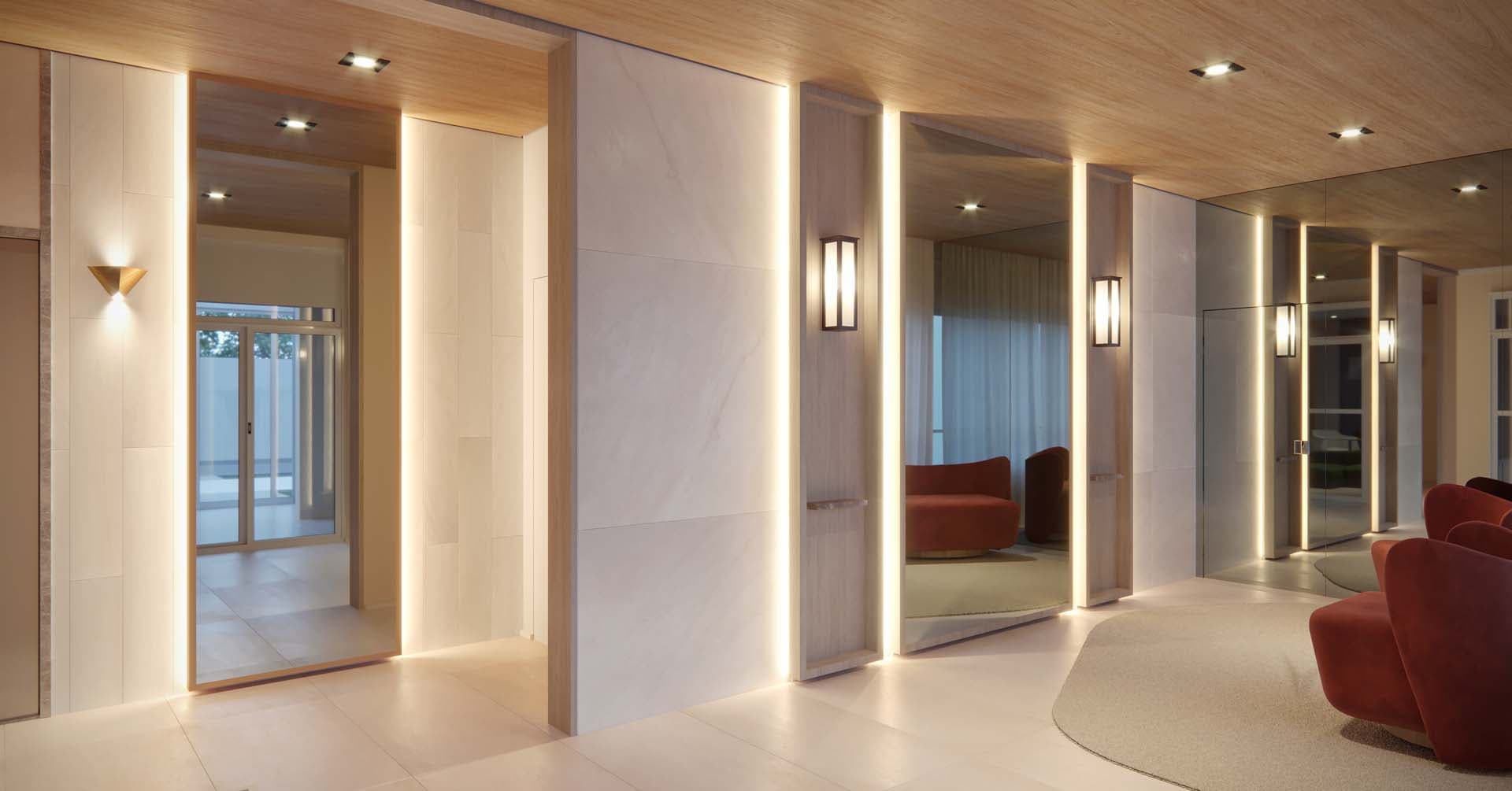 Perspectiva ilustrada preliminar do lobby.