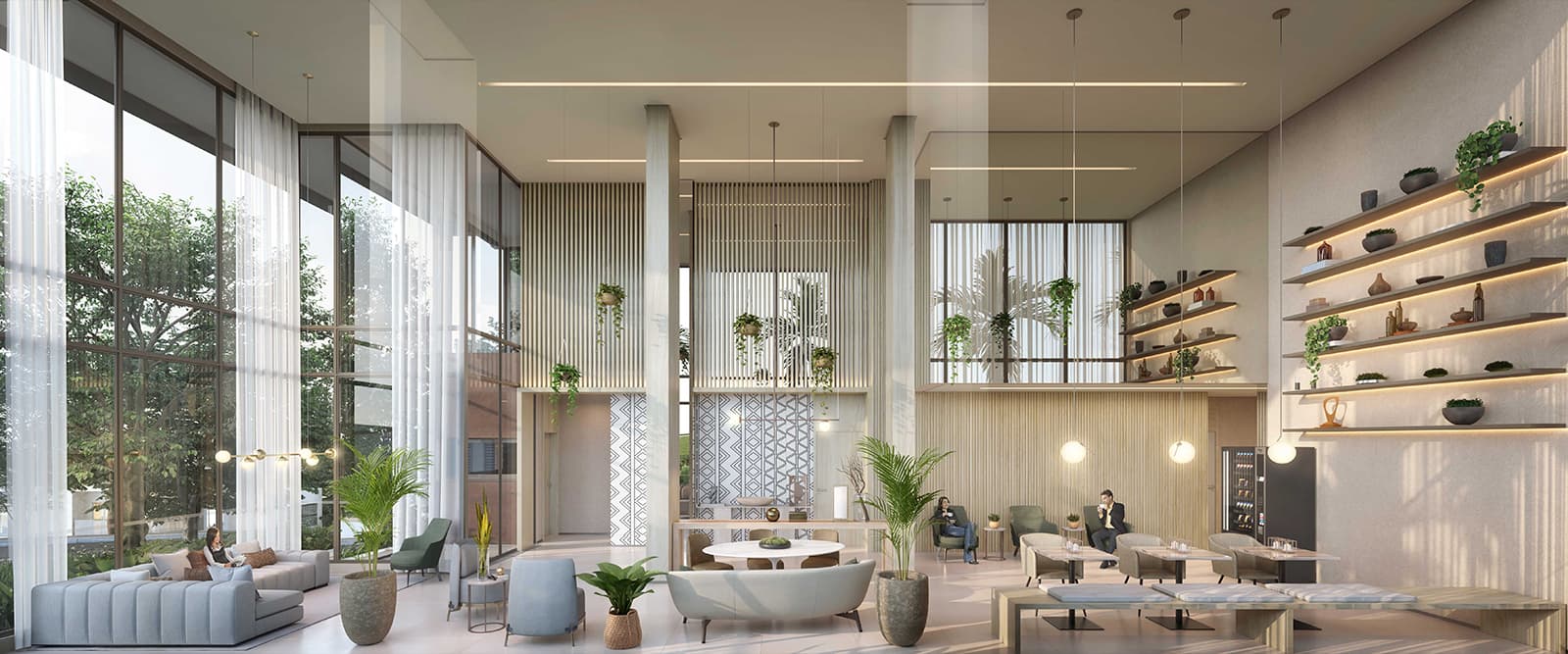 Perspectiva ilustrada do Lobby de Entrada e Coworking