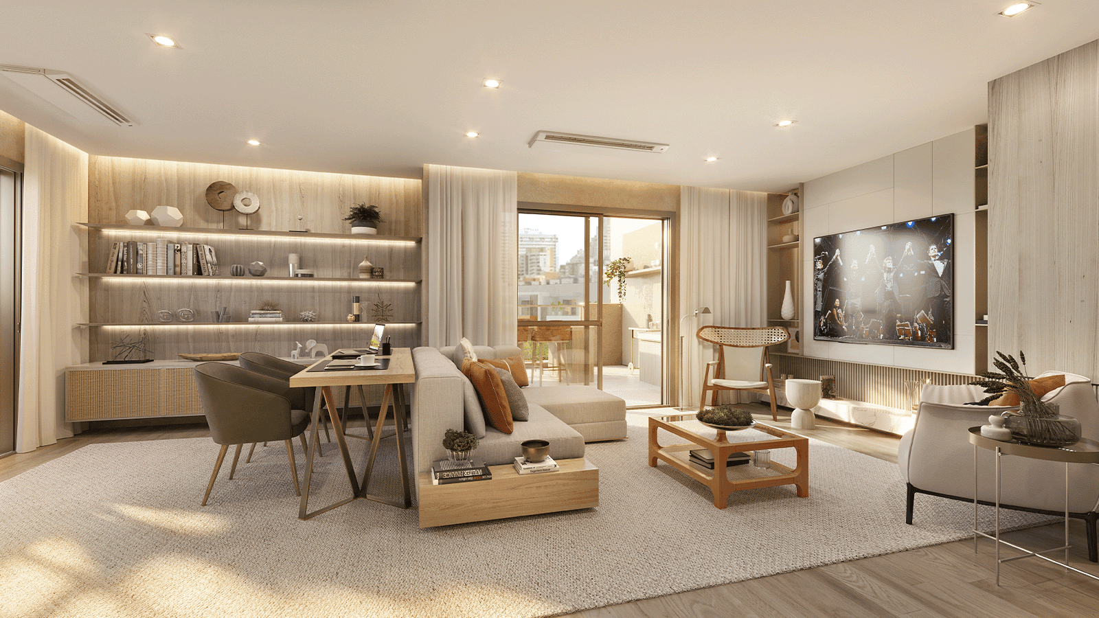 Perspectiva Ilustrada da Sala da Cobertura ampliada Jasmim - Casa 01 - opção de planta sala ampliada