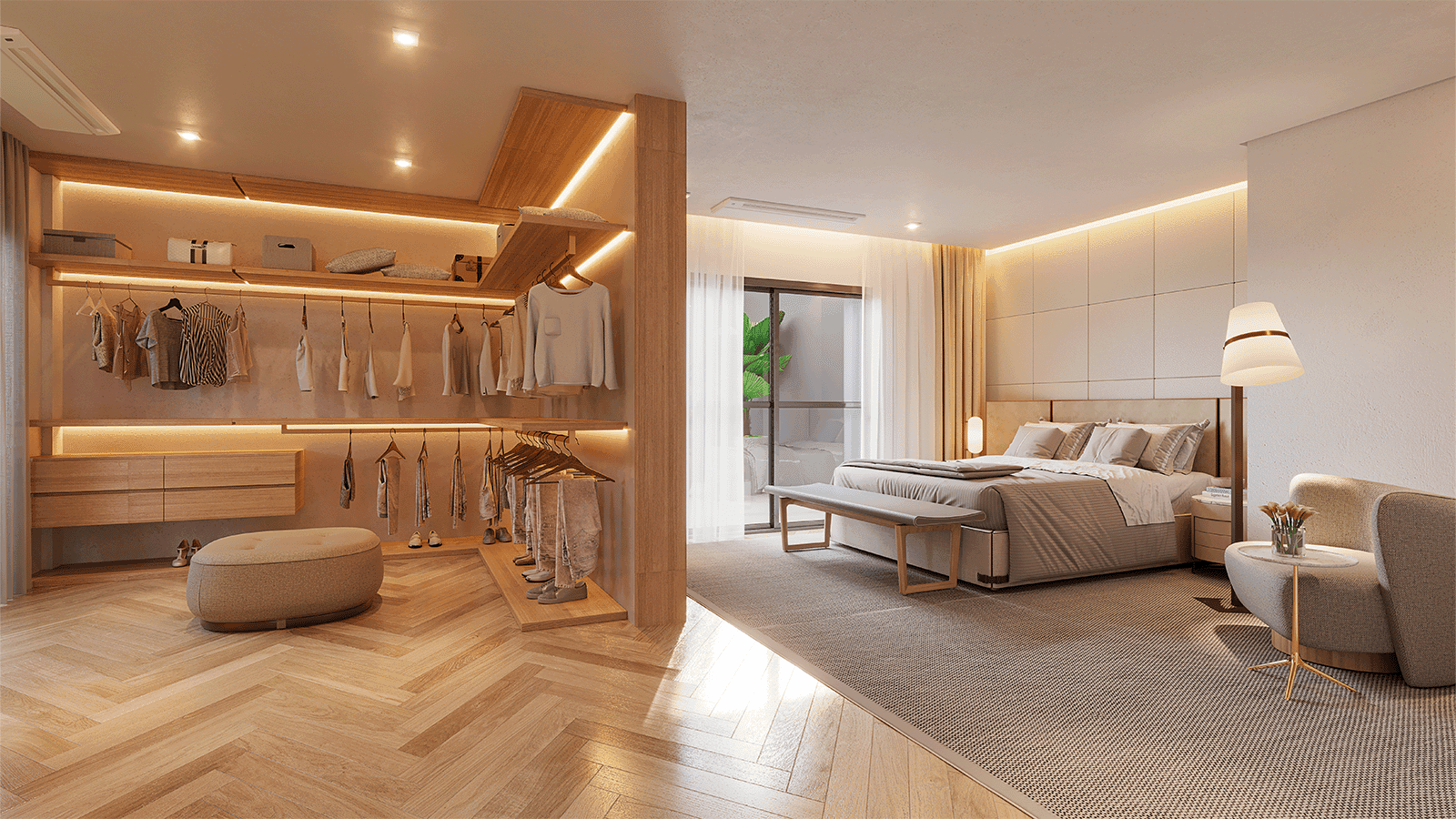 Perspectiva Ilustrada da Suíte Superior Jasmin - Casa 01 - Opção de planta suíte ampliada