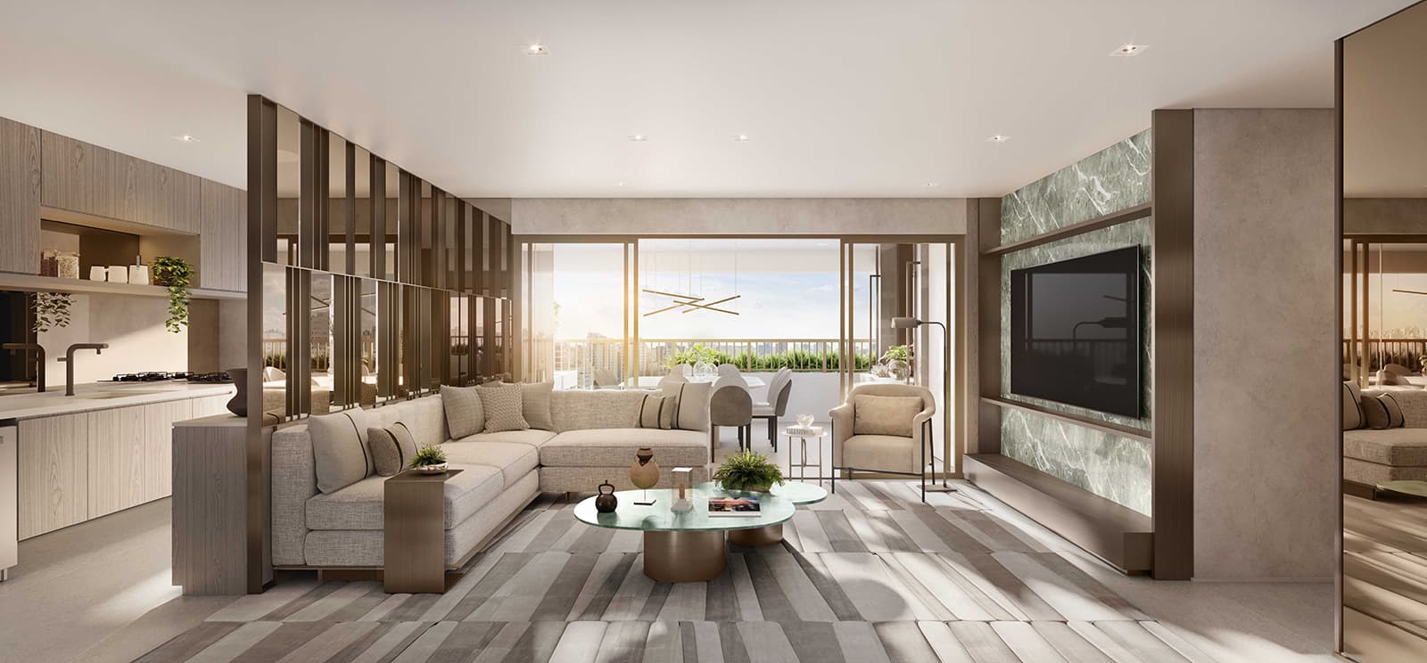 Perspectiva ilustrada do living decorado de 123m²