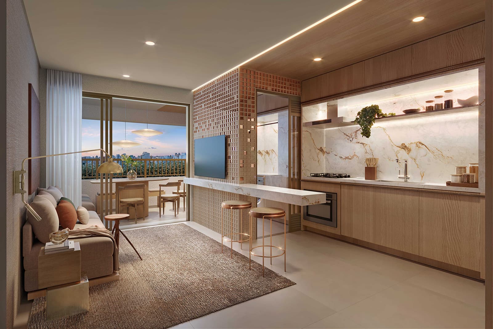 Perspectiva ilustrada do living decorado de 80m²
