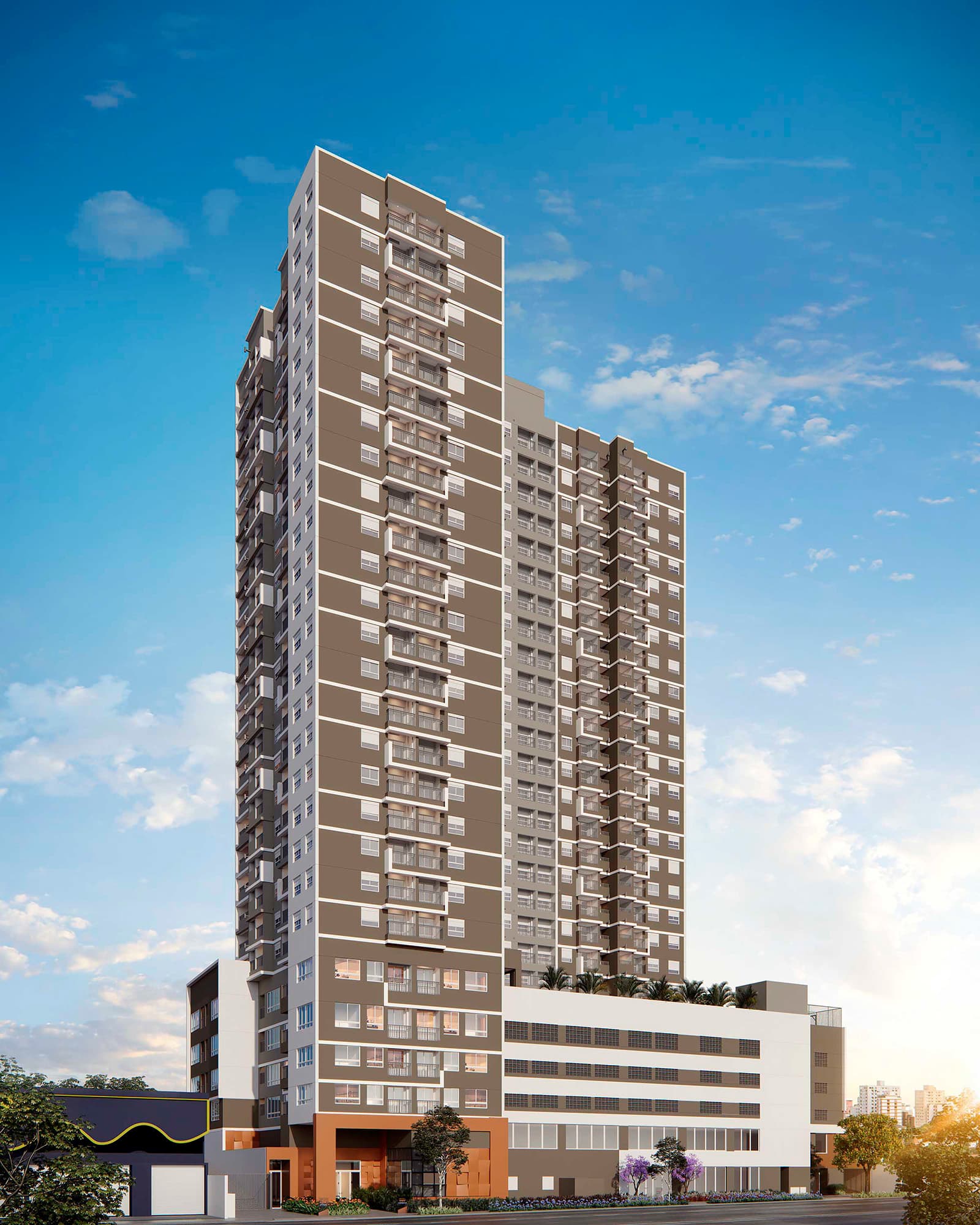 Perspectiva ilustrada diurna da fachada residencial