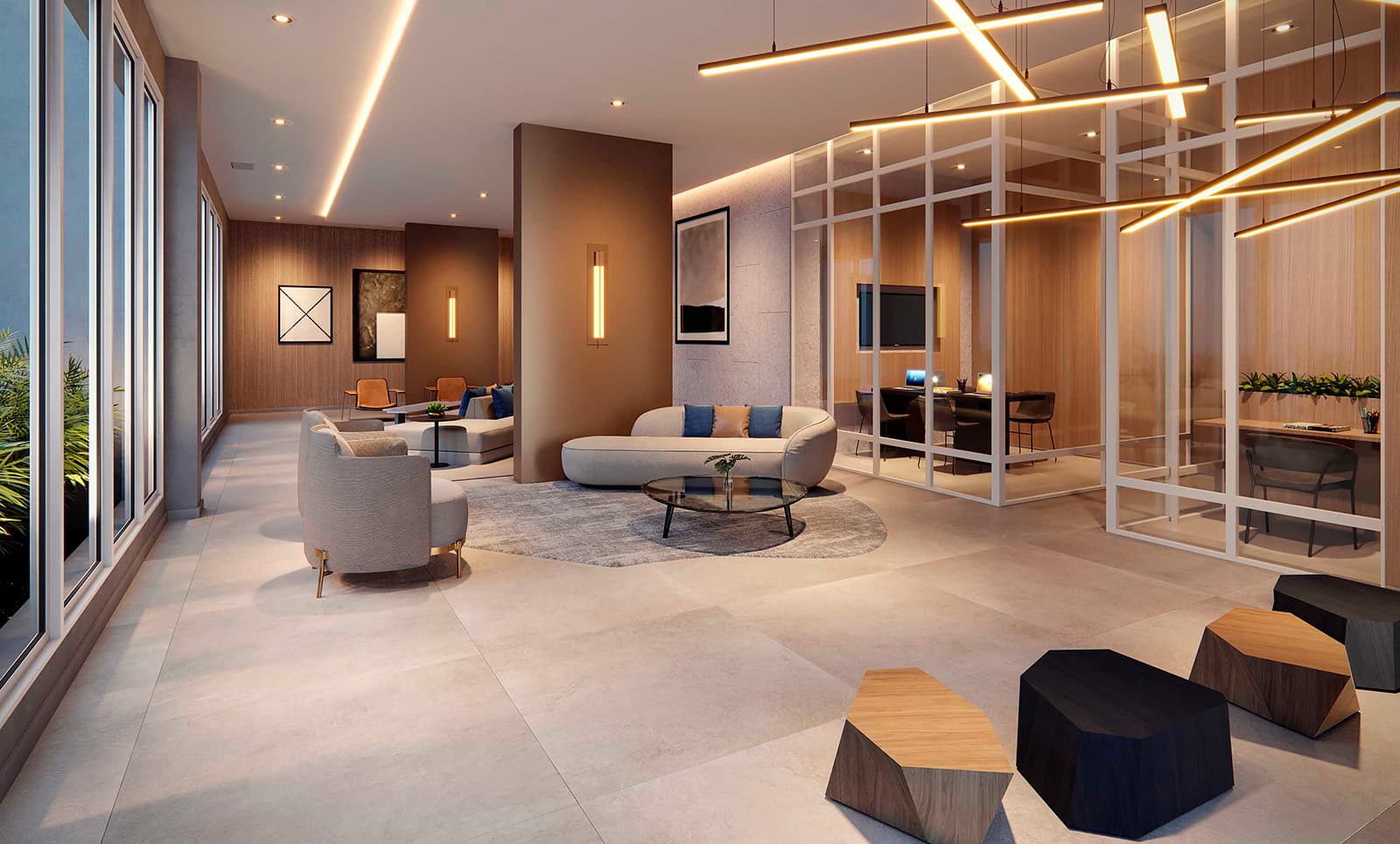 Perspectiva ilustrada do lobby residencial