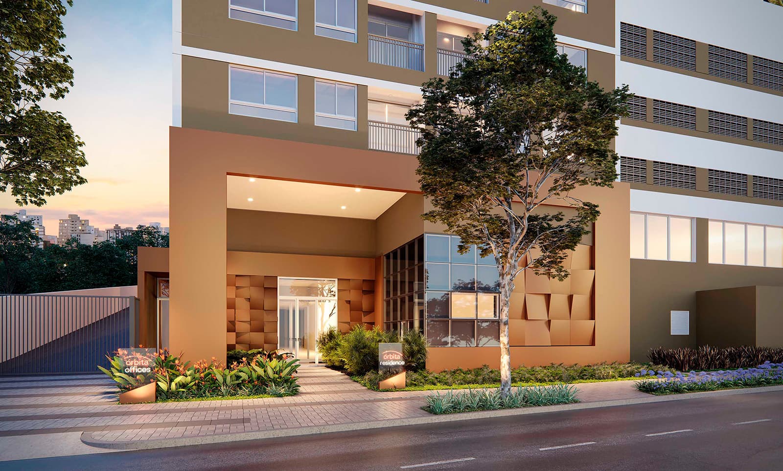 Perspectiva ilustrada da portaria residencial