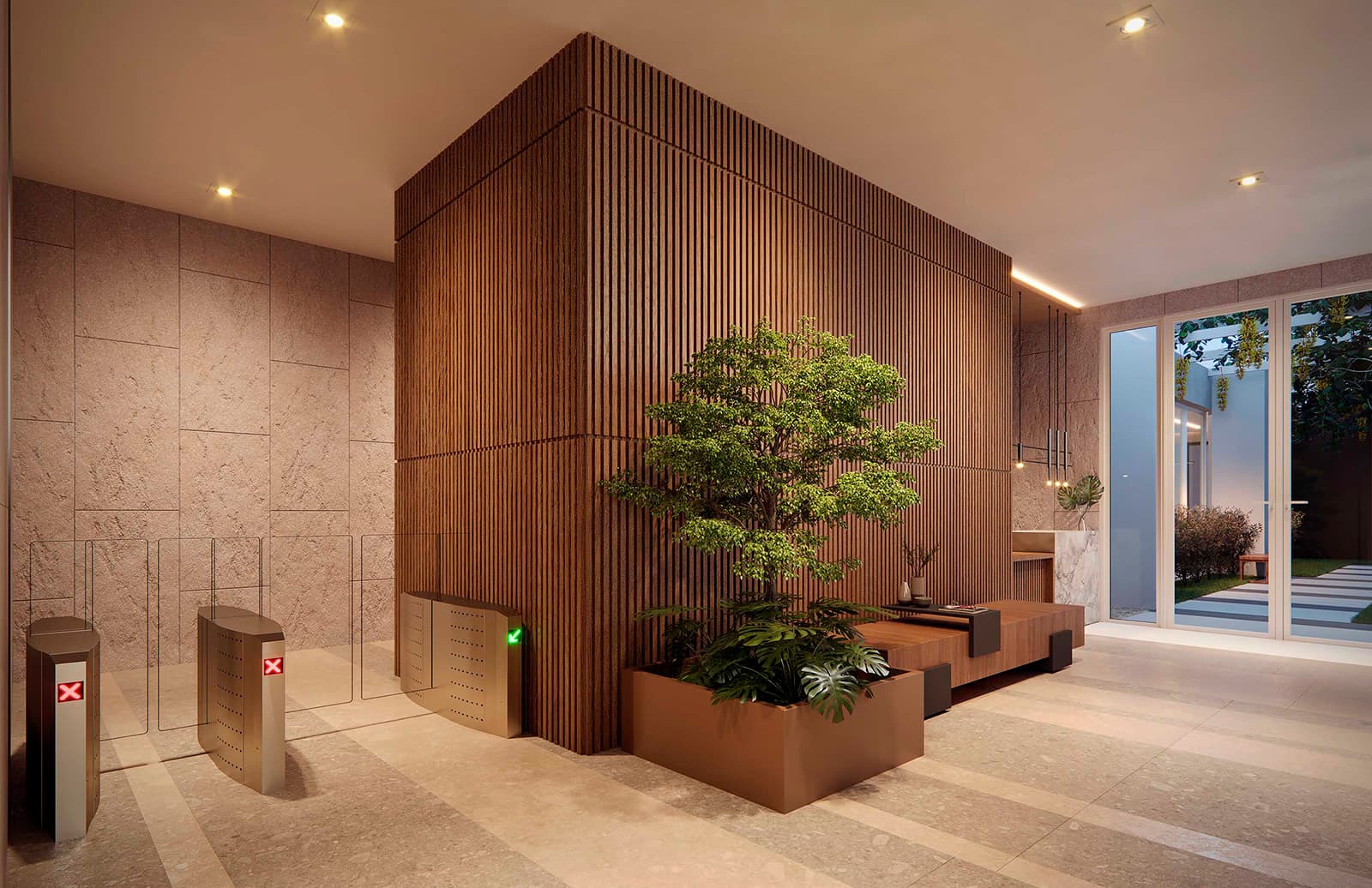 Perspectiva ilustrada do lobby comercial