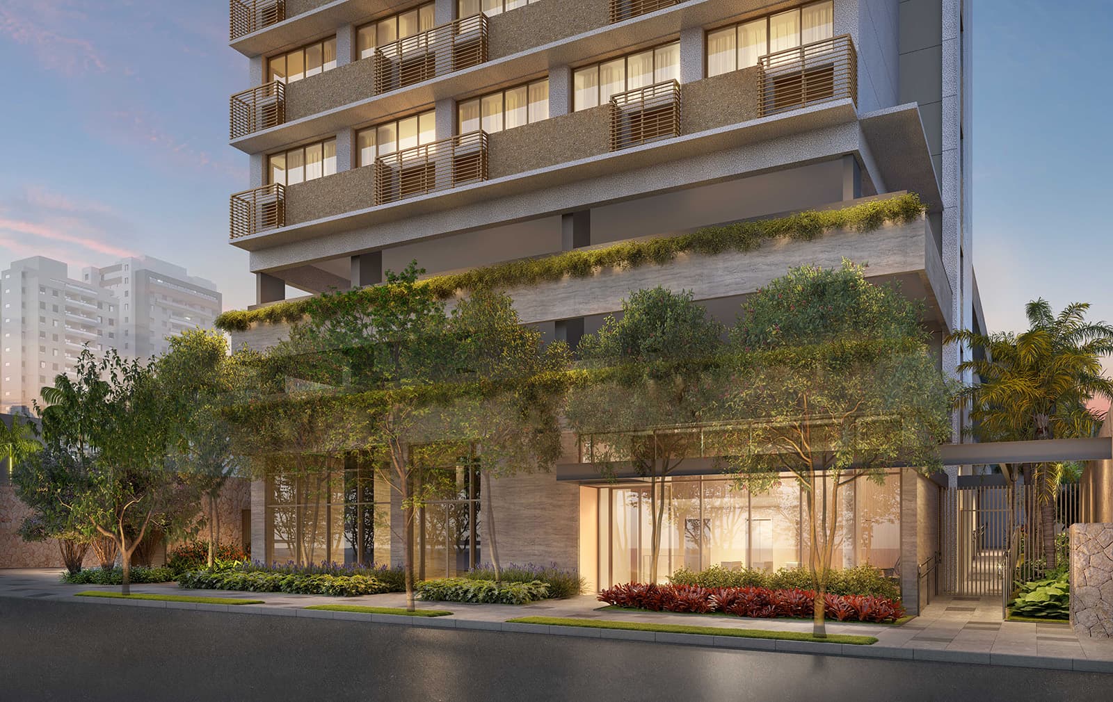 Perspectiva ilustrada do acesso residencial (studios)