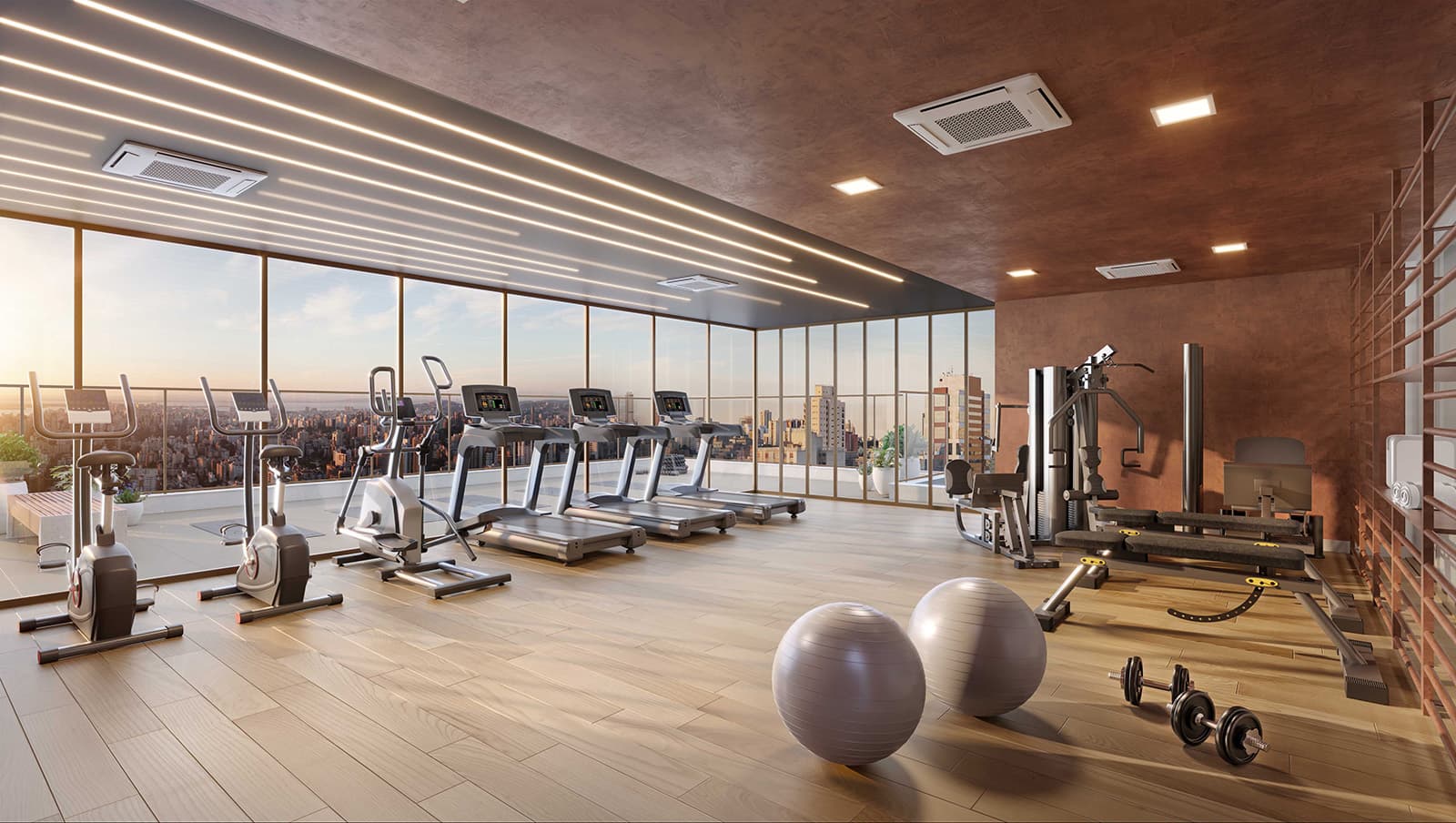 Perspectiva ilustrada do fitness residencial (studios)