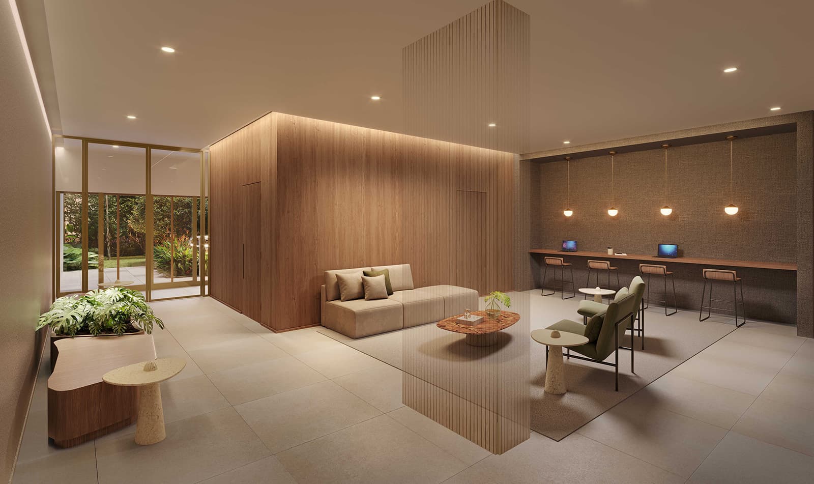 Perspectiva ilustrada do lobby e coworking residencial (studios)
