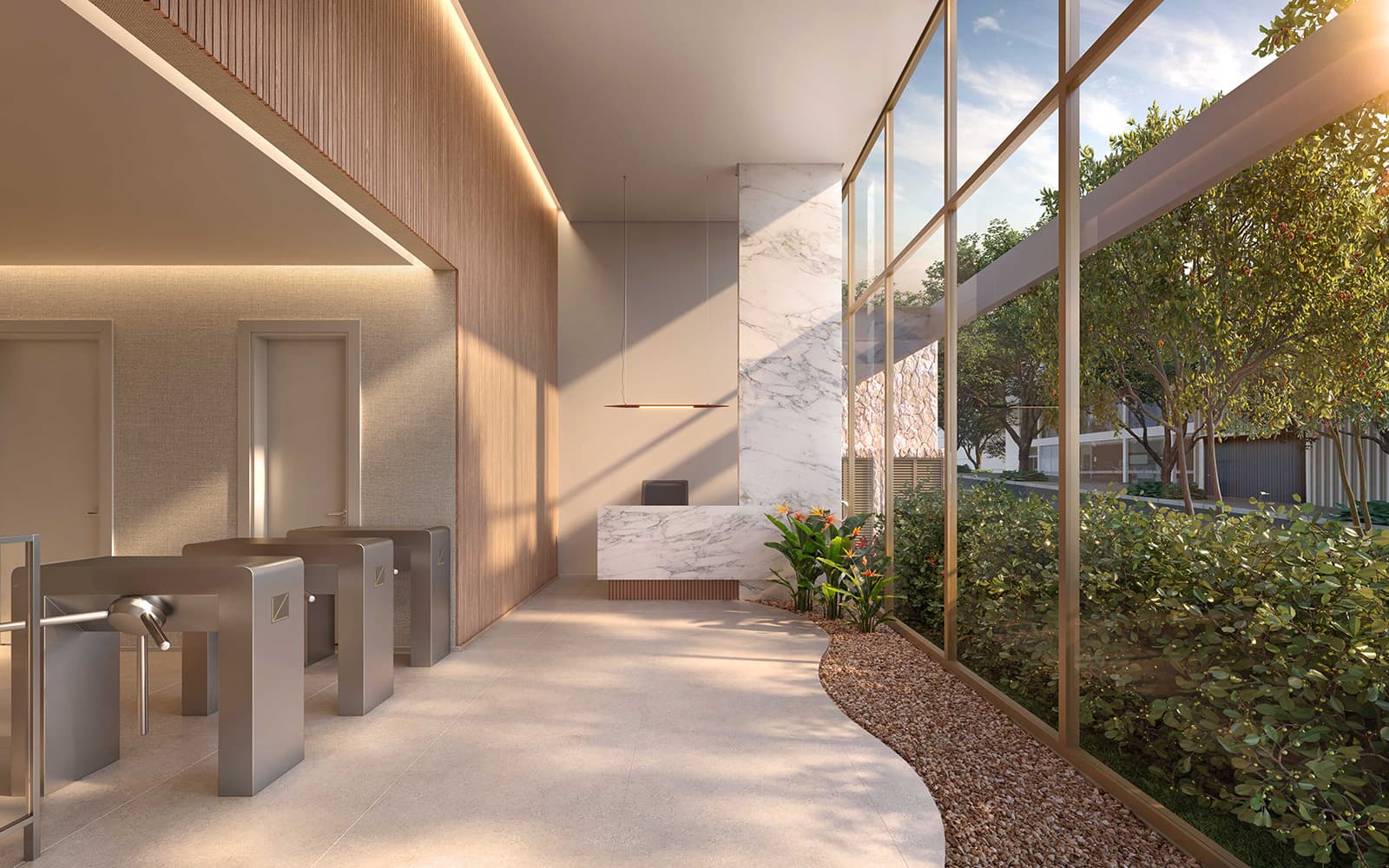 Perspectiva ilustrada do lobby comercial
