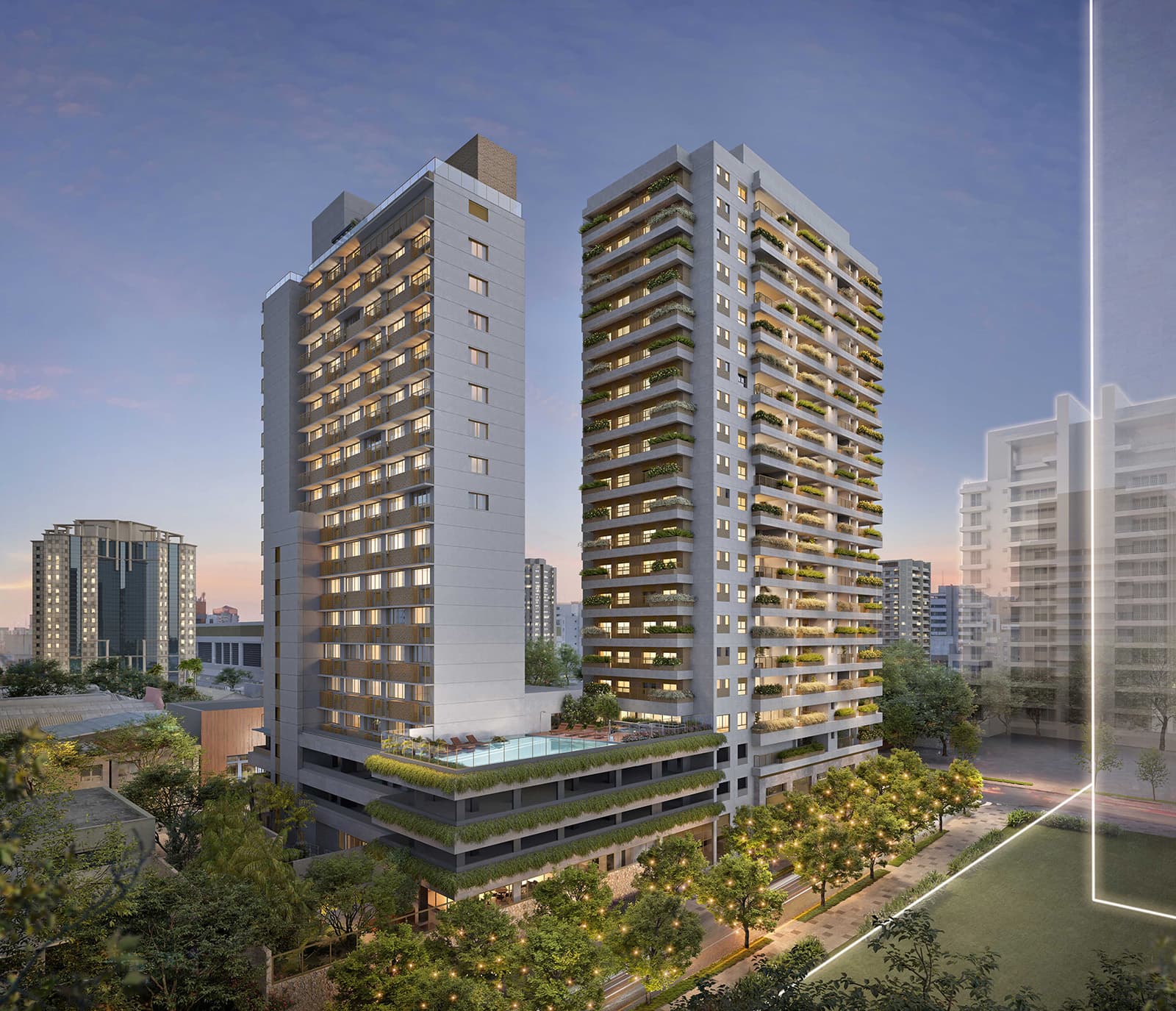 Perspectiva ilustrada da fachada residencial (studios)