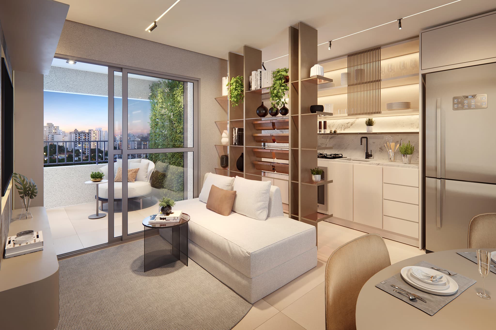 Perspectiva ilustrada do living decorado do apartamento tipo de 65m² sujeita à alteração