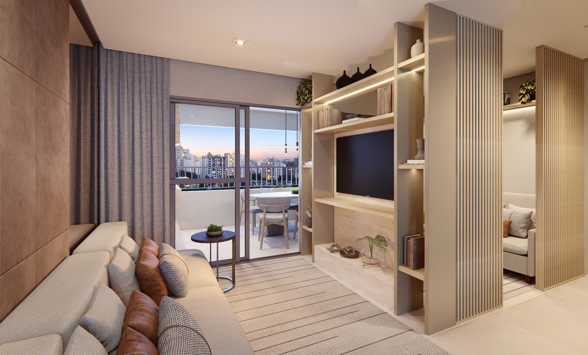 Perspectiva ilustrada do living decorado do apartamento tipo de 81m² sujeita à alteração