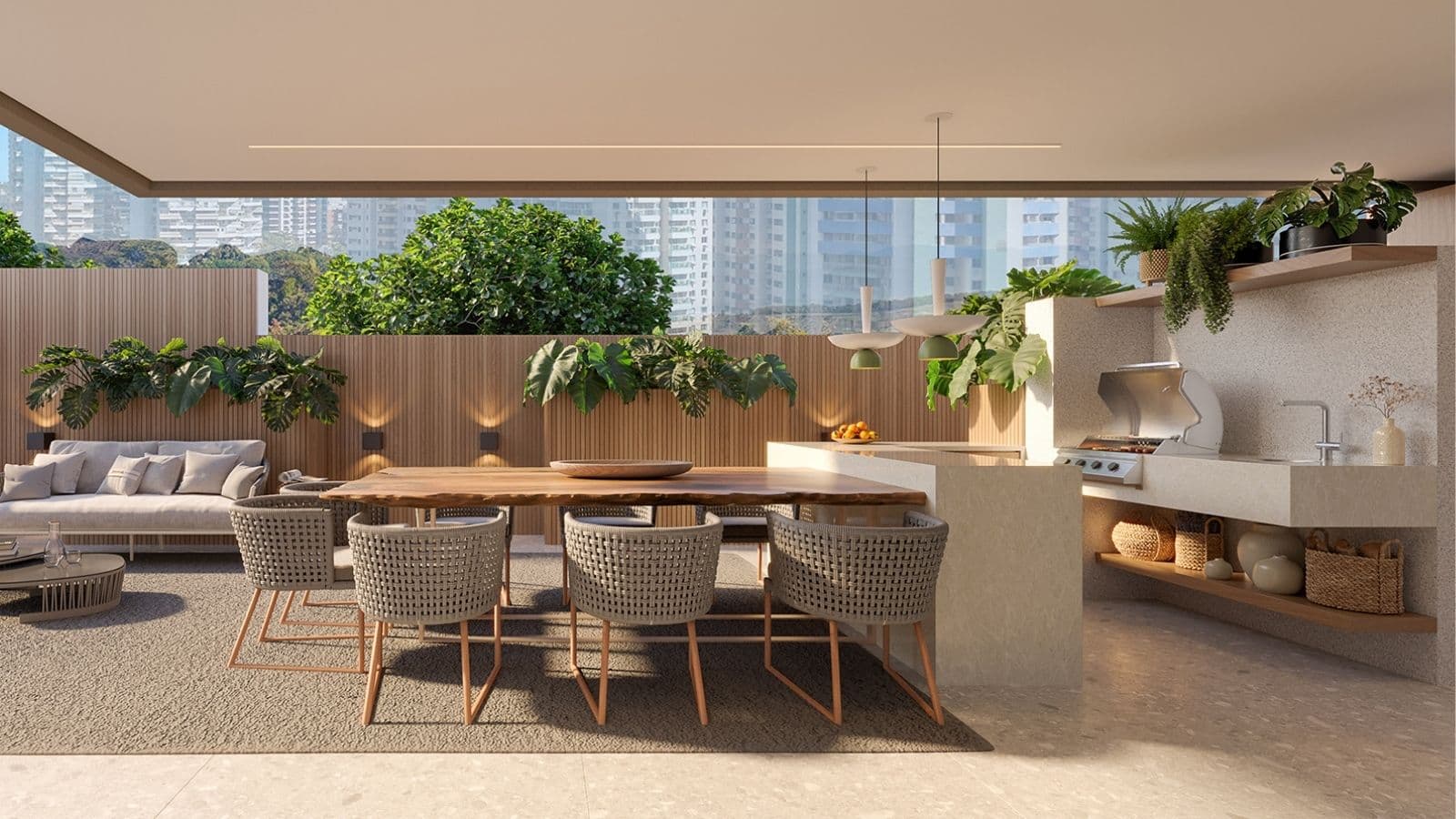 Perspectiva ilustrada do terraço do garden 105 do edifício Phuket do Gaea Home Resort