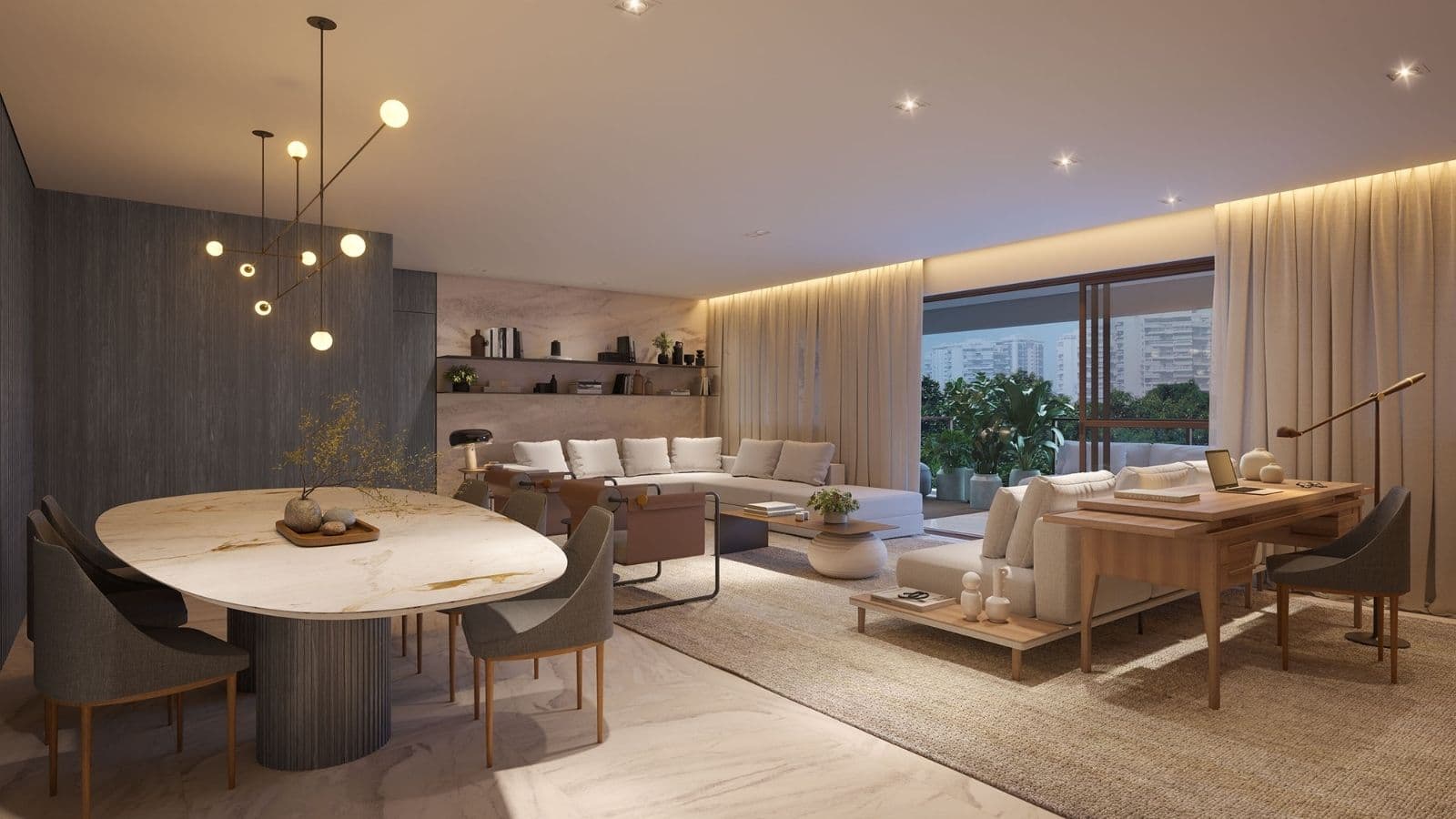 Perspectiva ilustrada da sala ampliada da unidade 503 do edifício Ischia do Gaea Home Resort