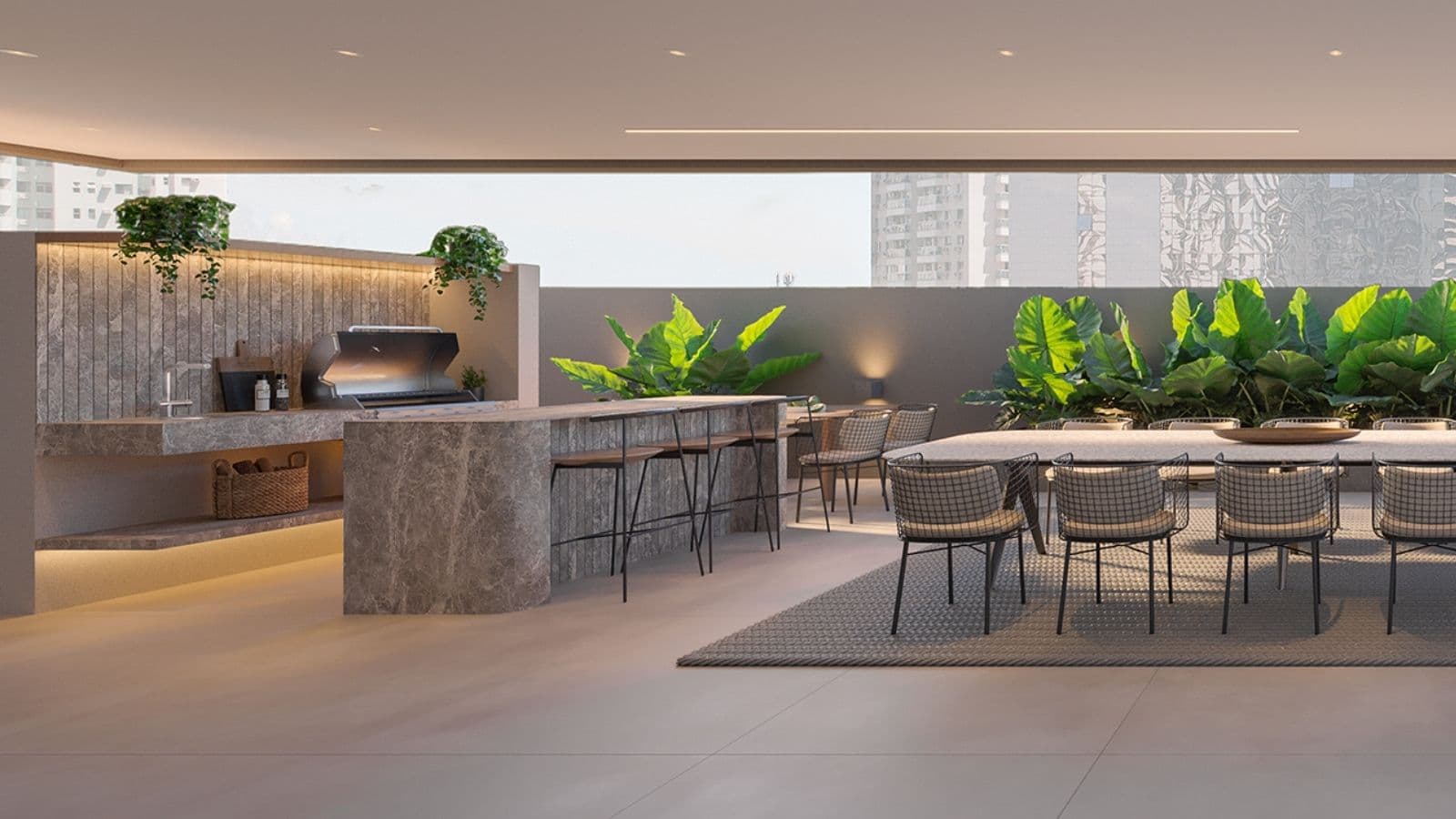 Perspectiva Ilustrada do terraço do garden 103 do edifício Capri do Gaea Home Resort