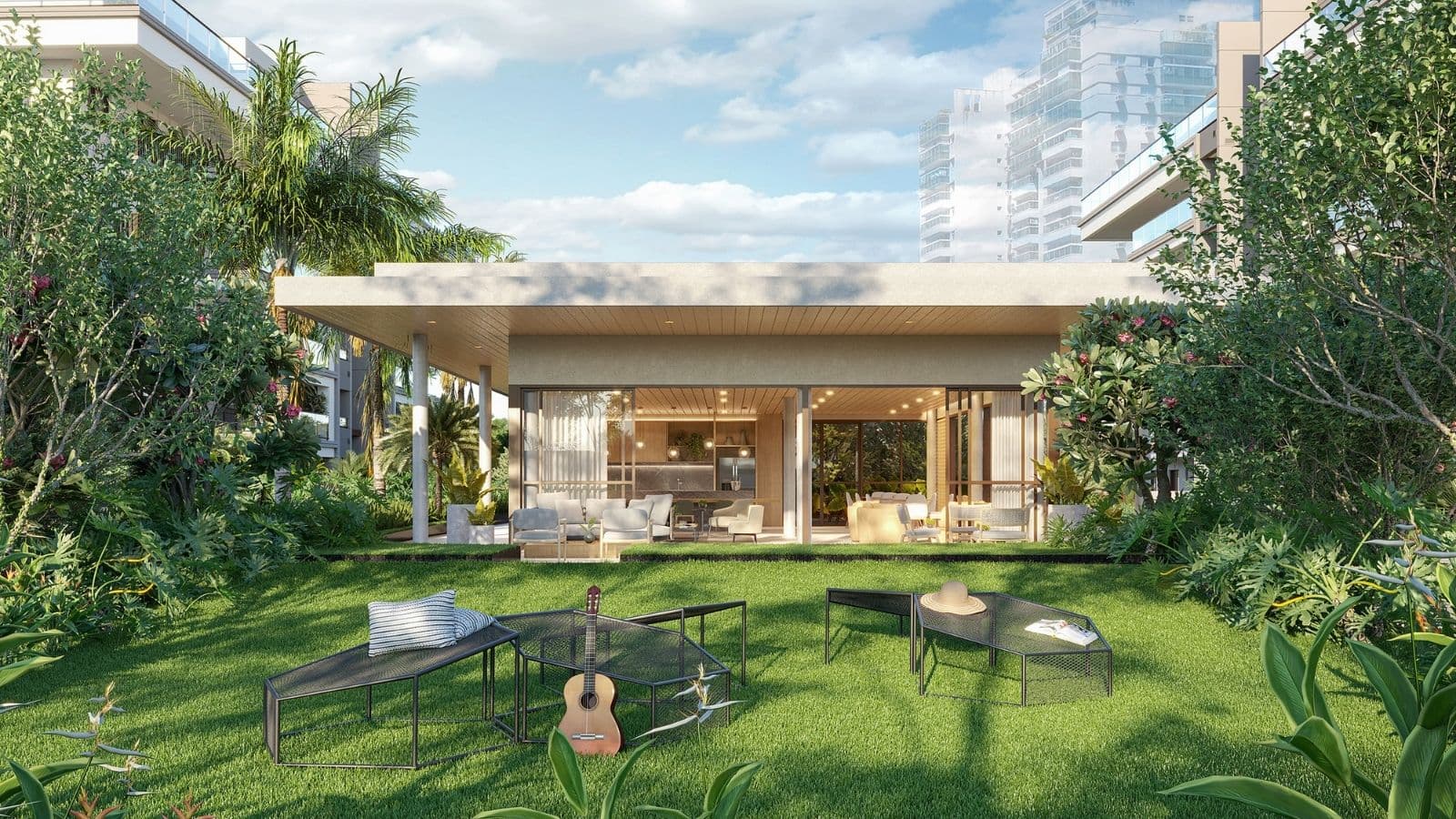 Perspectiva Ilustrada do lounge gramado do salão gourmet do Gaea Home Resort