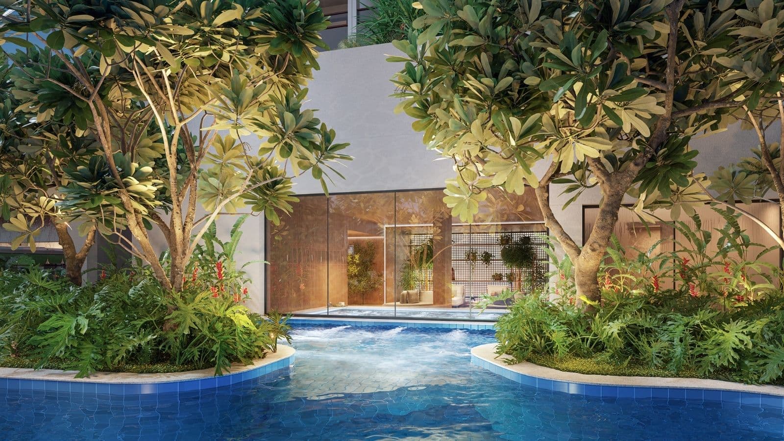 Perspectiva ilustrada da hidromassagem outdoor do Gaea Home Resort