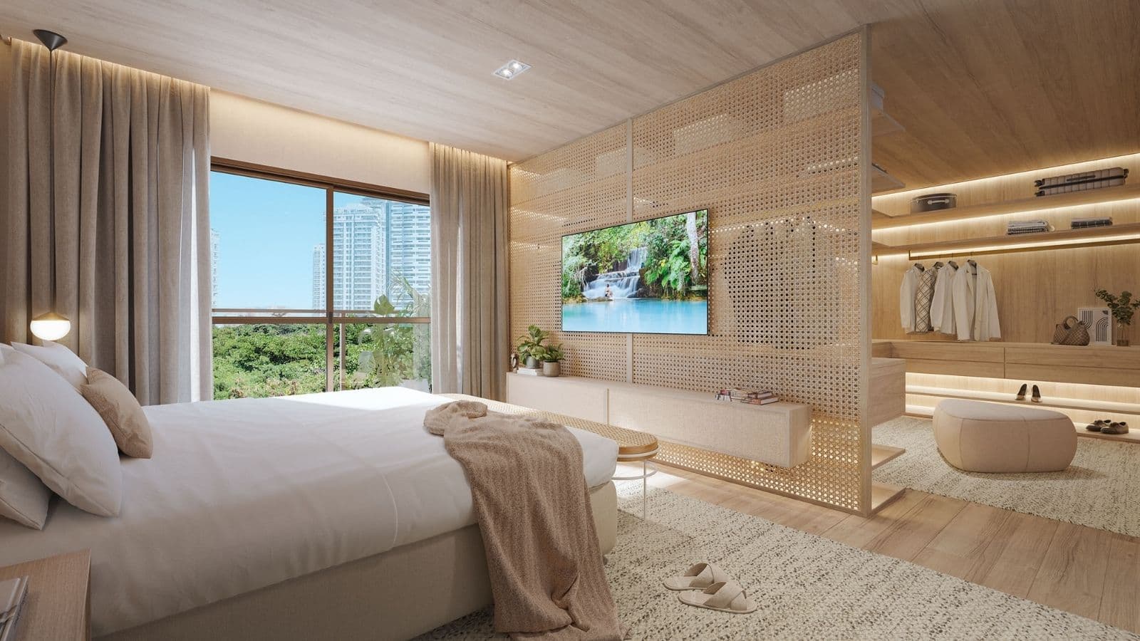 Perspectiva ilustrada da suíte master da cobertura linear 602 do edifício Ischia do Gaea Home Resort