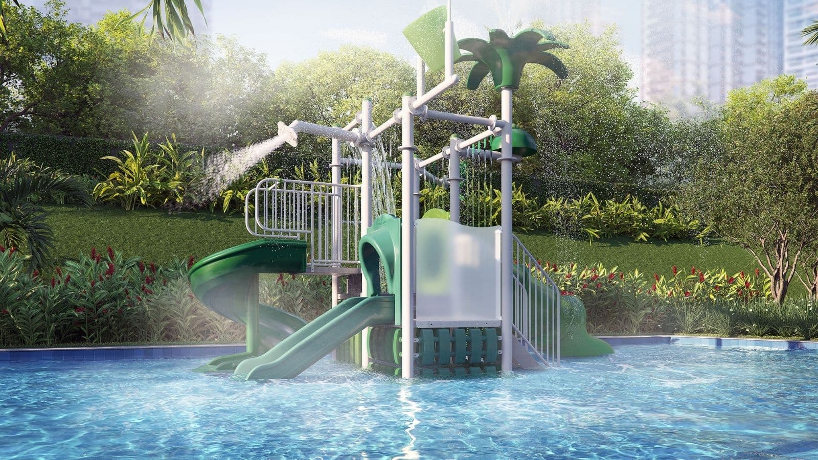 Perspectiva ilustrada da piscina infantil do Gaea Home Resort