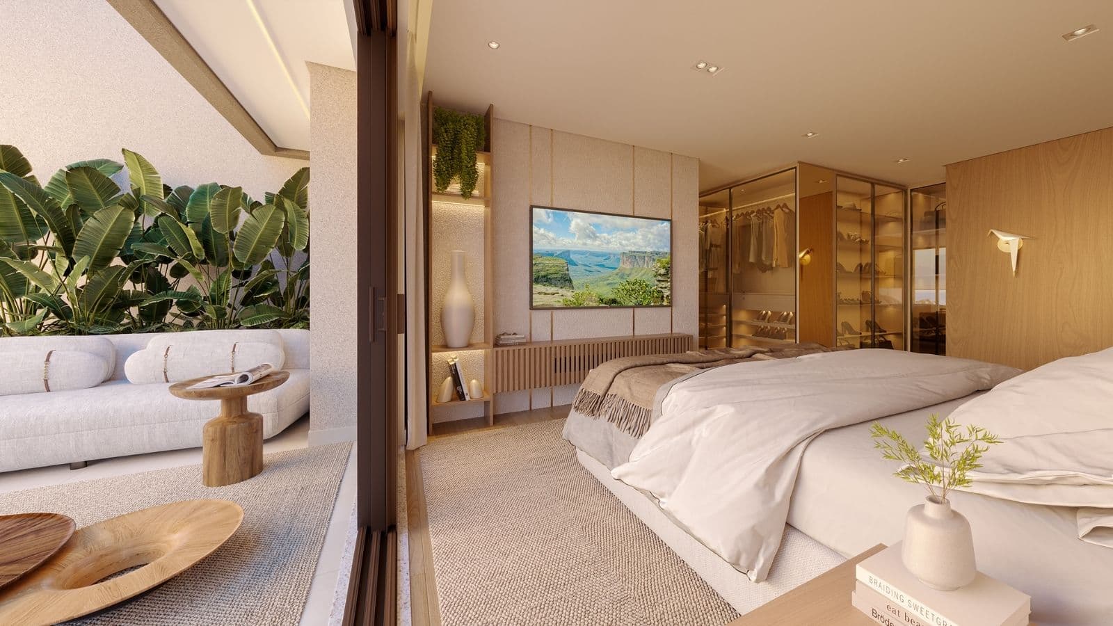 Perspectiva ilustrada da suíte master da cobertura linear 603 do edifício Moorea do Gaea Home Resort