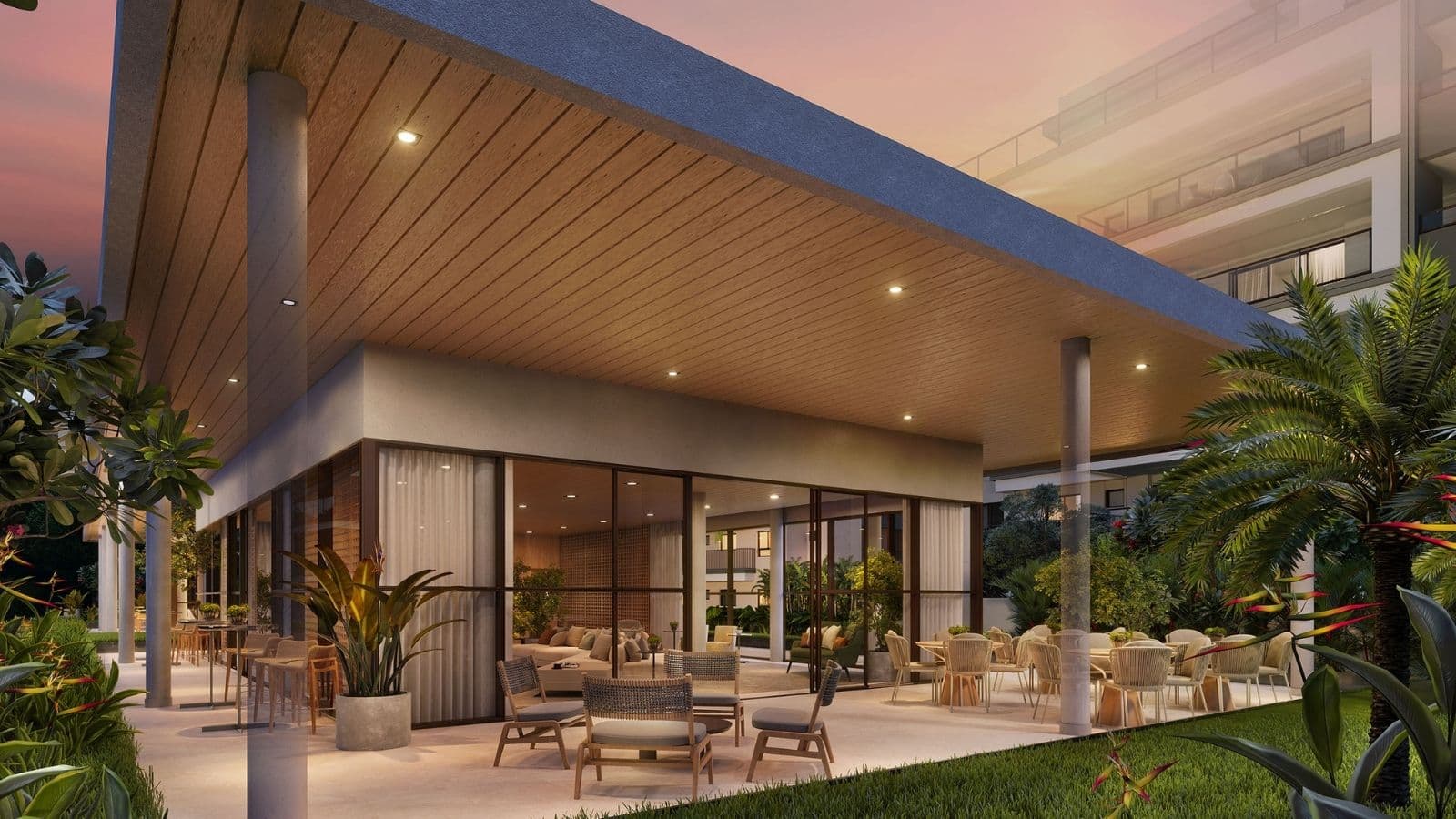 Perspectiva ilustrada da varanda do salão de festas do Gaea Home Resort