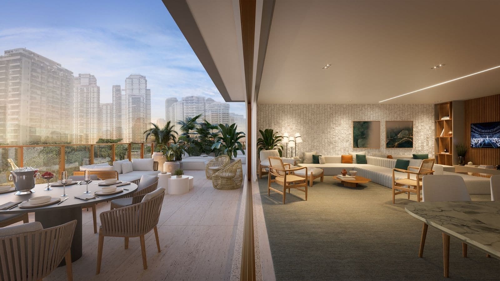 Perspectiva ilustrada da sala e terraço da cobertura linear 602 do edifício Ischia do Gaea Home Resort