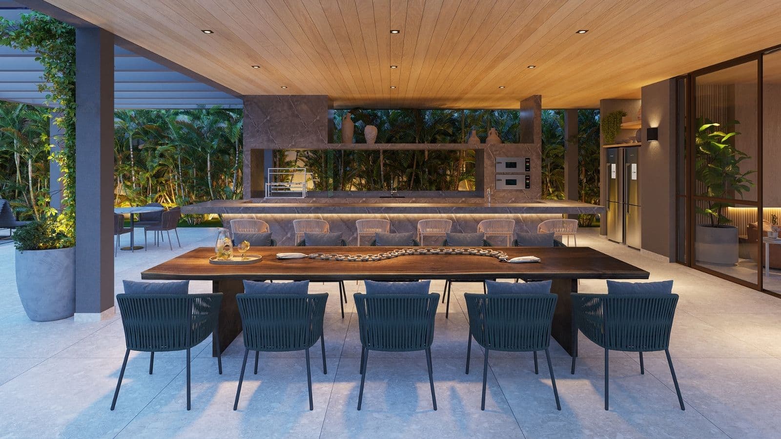 Perspectiva ilustrada da varanda da Pool Party House do Gaea Home Resort