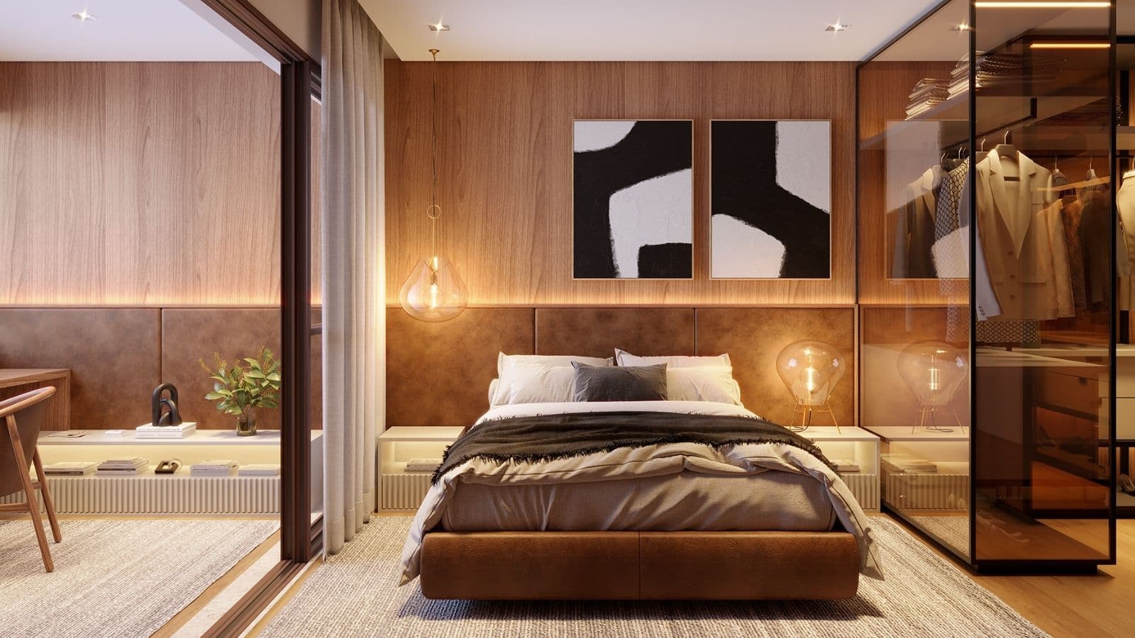 Perspectiva ilustrada da suíte master da unidade 303 do edifício Ischia do Gaea Home Resort