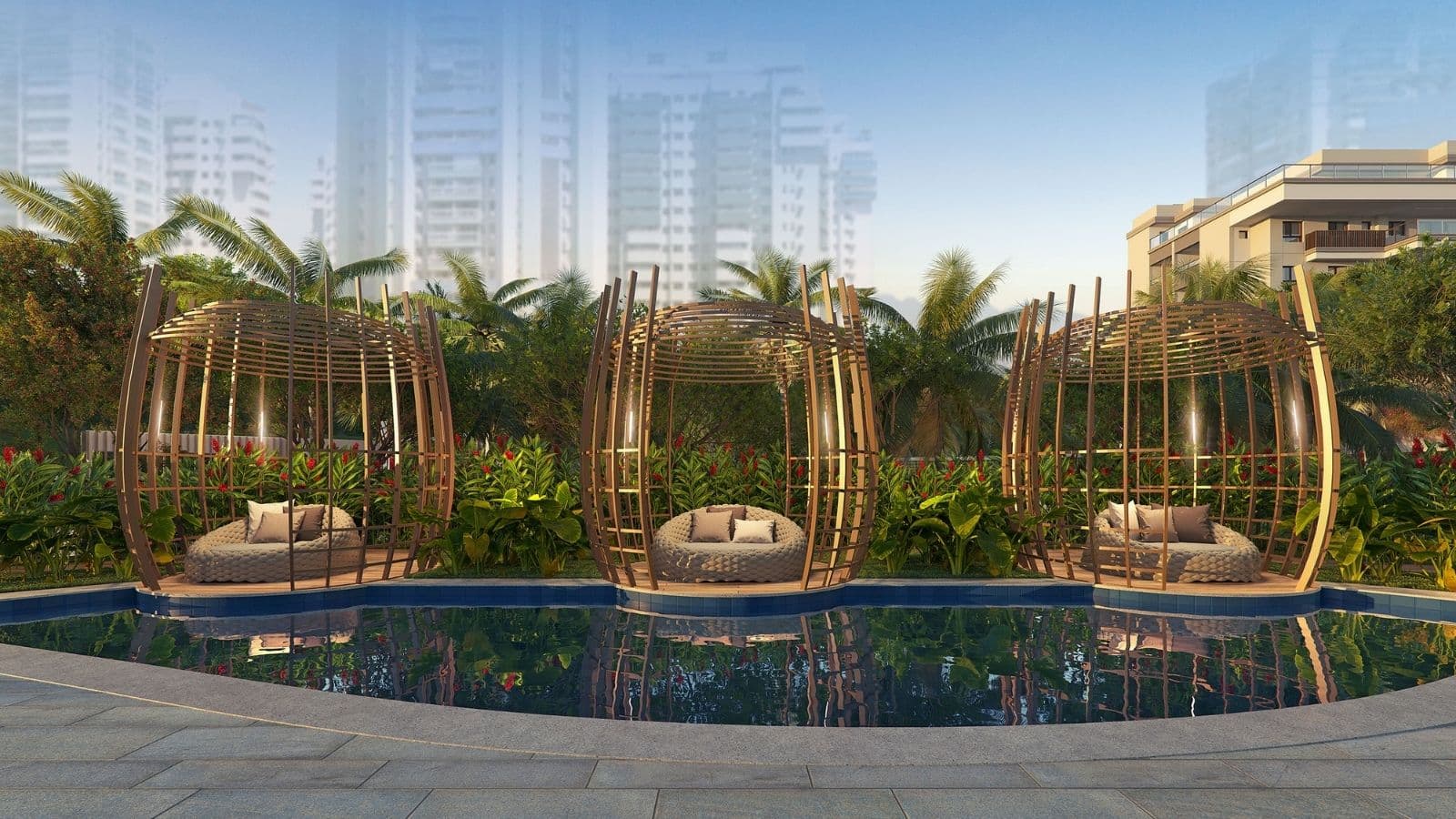 Perspectiva ilustrada das pool houses do Gaea Home Resort