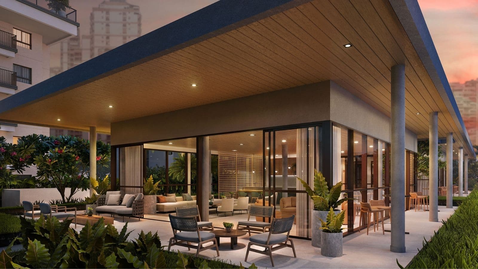 Perspectiva ilustrada da varanda do salão gourmet do Gaea Home Resort