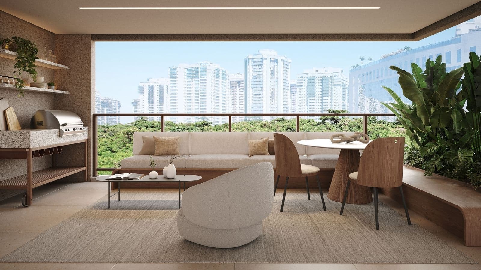 Perspectiva ilustrada da varanda da unidade 503 do edifício Phuket do Gaea Home Resort