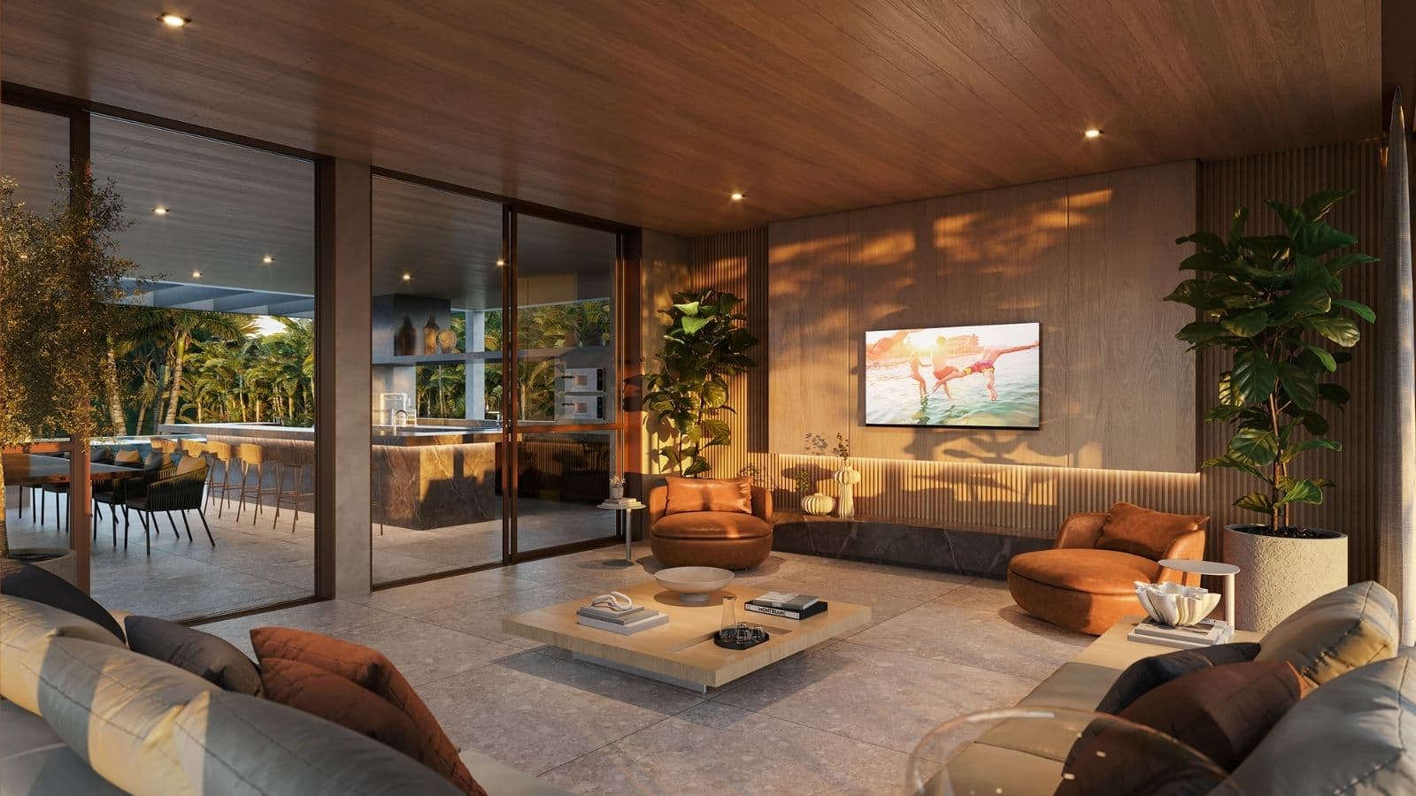 Perspectiva Ilustrada do living do Pool Party House do Gaea Home Resort