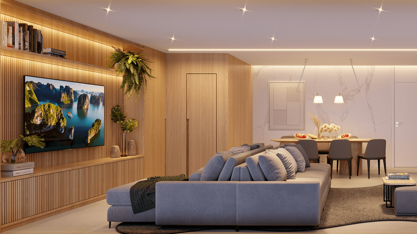 Perspectiva ilustrada da sala ampliada da unidade 303 do edifício Ischia do Gaea Home Resort