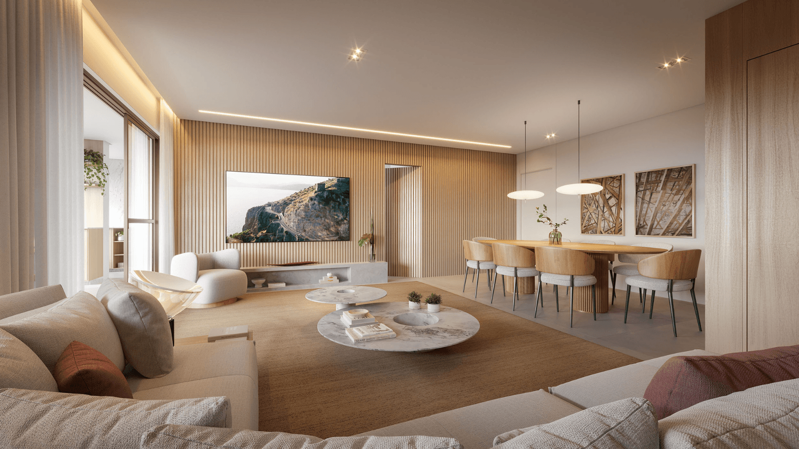 Perspectiva Ilustrada da sala ampliada da unidade 503 do edifício Ischia do Gaea Home Resort