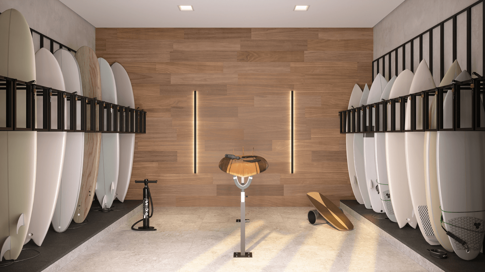 Perspectiva ilustrada do pranchário do Gaea Home Resort