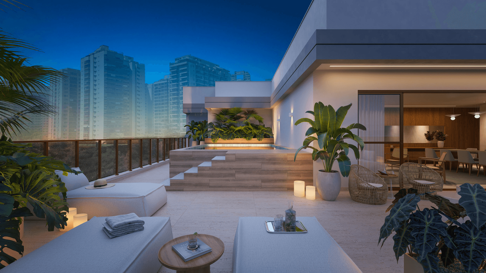 Perspectiva Ilustrada do terraço da cobertura linear 602 do edifício Ischia do Gaea Home Resort