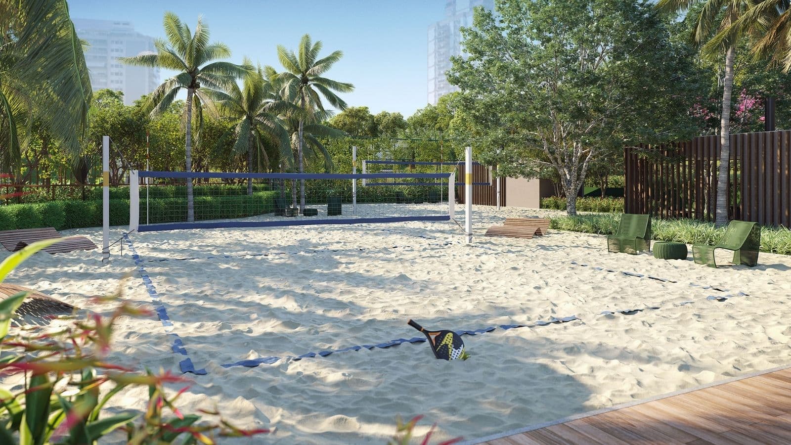 Perspectiva ilustrada das quadras de areia do Gaea Home Resort