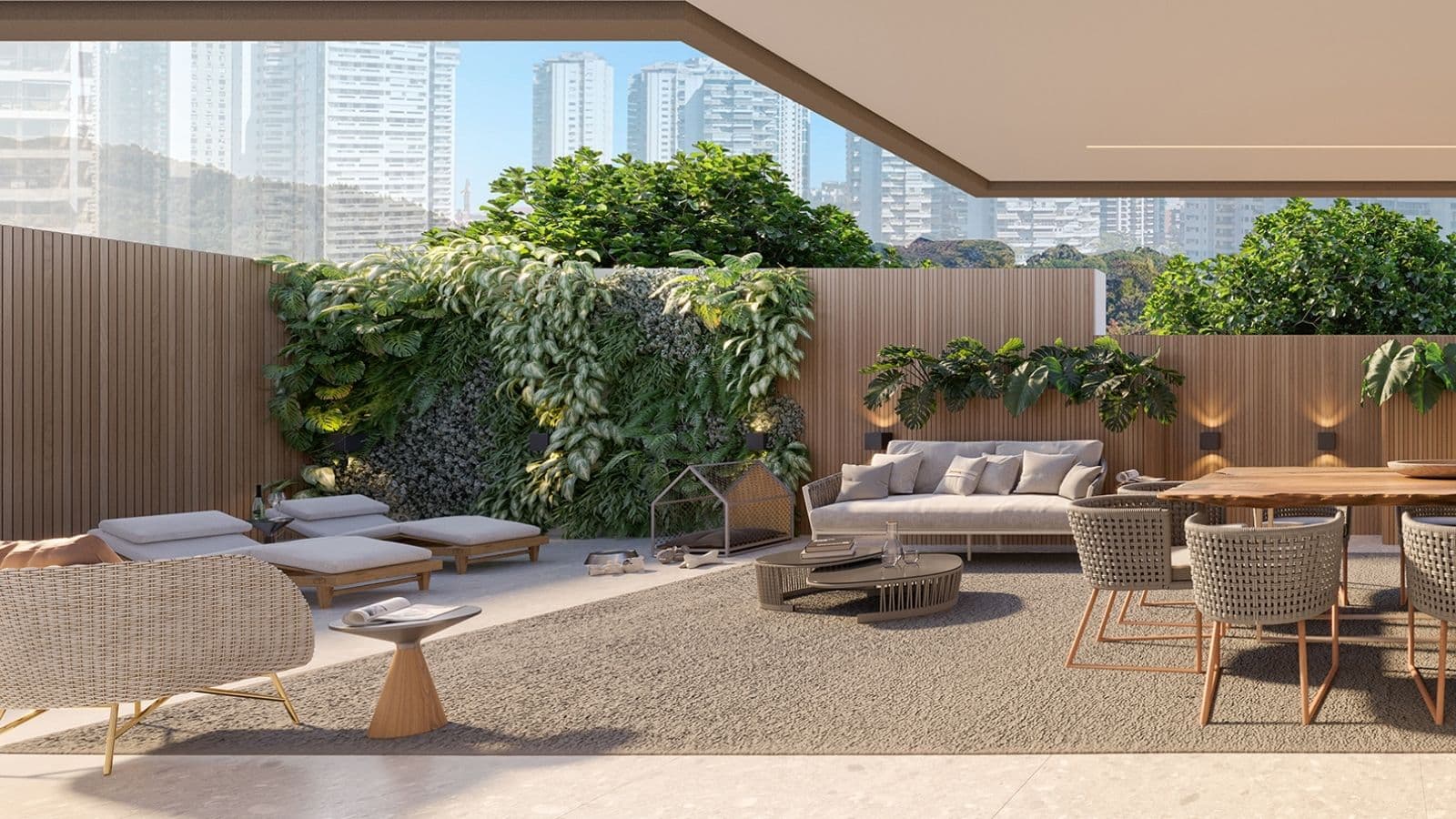 Perspectiva ilustrada do terraço do garden 105 do edifício Phuket do Gaea Home Resort