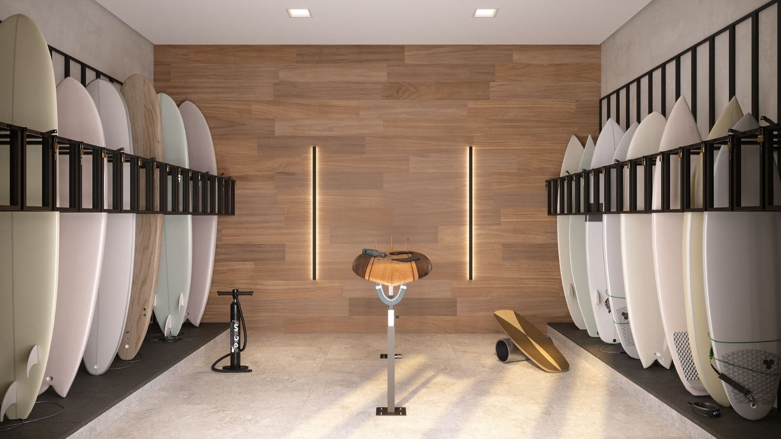 Perspectiva ilustrada do pranchário do Gaea Home Resort